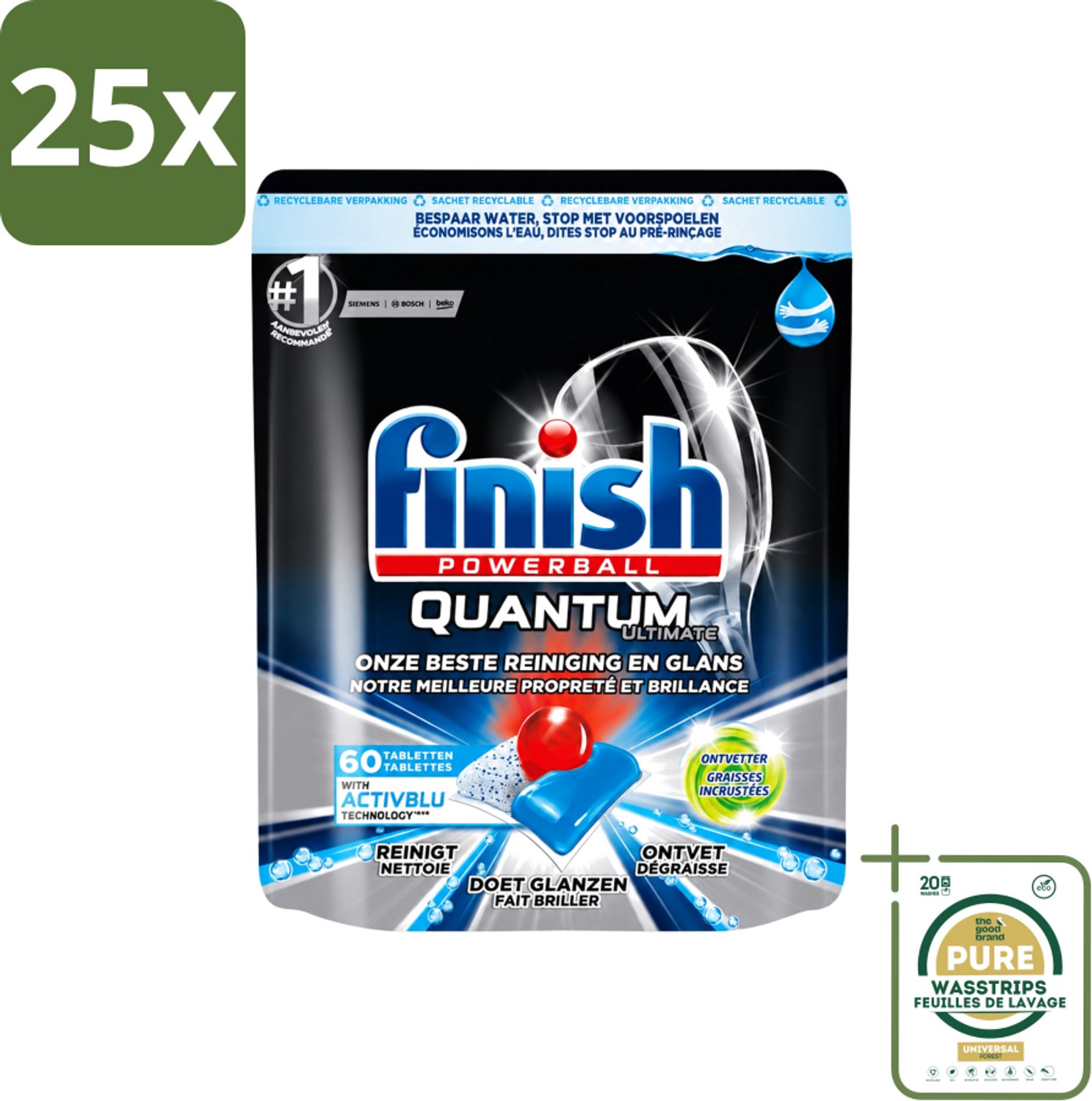 25 x Finish Powerball - Quantum Ultimate - Vaatwastabletten - Ontvetter - 60 Tabletten - Wasstrips - Vaatwasmiddel - Vaatwastablet - Ontvetter - Vaat Reinigen - Vaatwasser