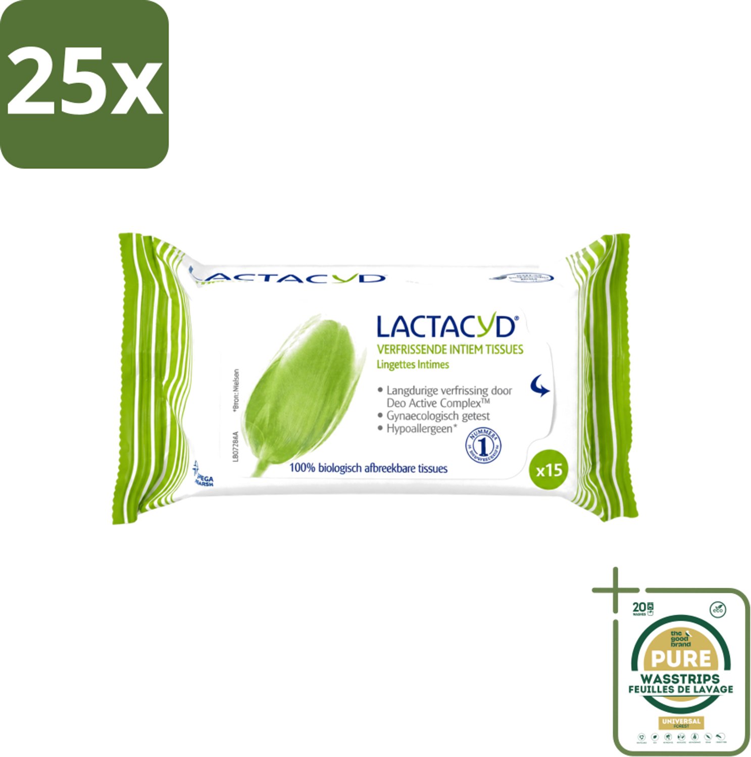 25 x Lactacyd - Intieme Doekjes - Verfrissend - Zeepvrij - Biologisch Afbreekbaar - 15 Doekjes - Wasstrips - Intieme Doekjes - Verfrissend - Biologisch Afbreekbaar - Melkzuur - Menthol