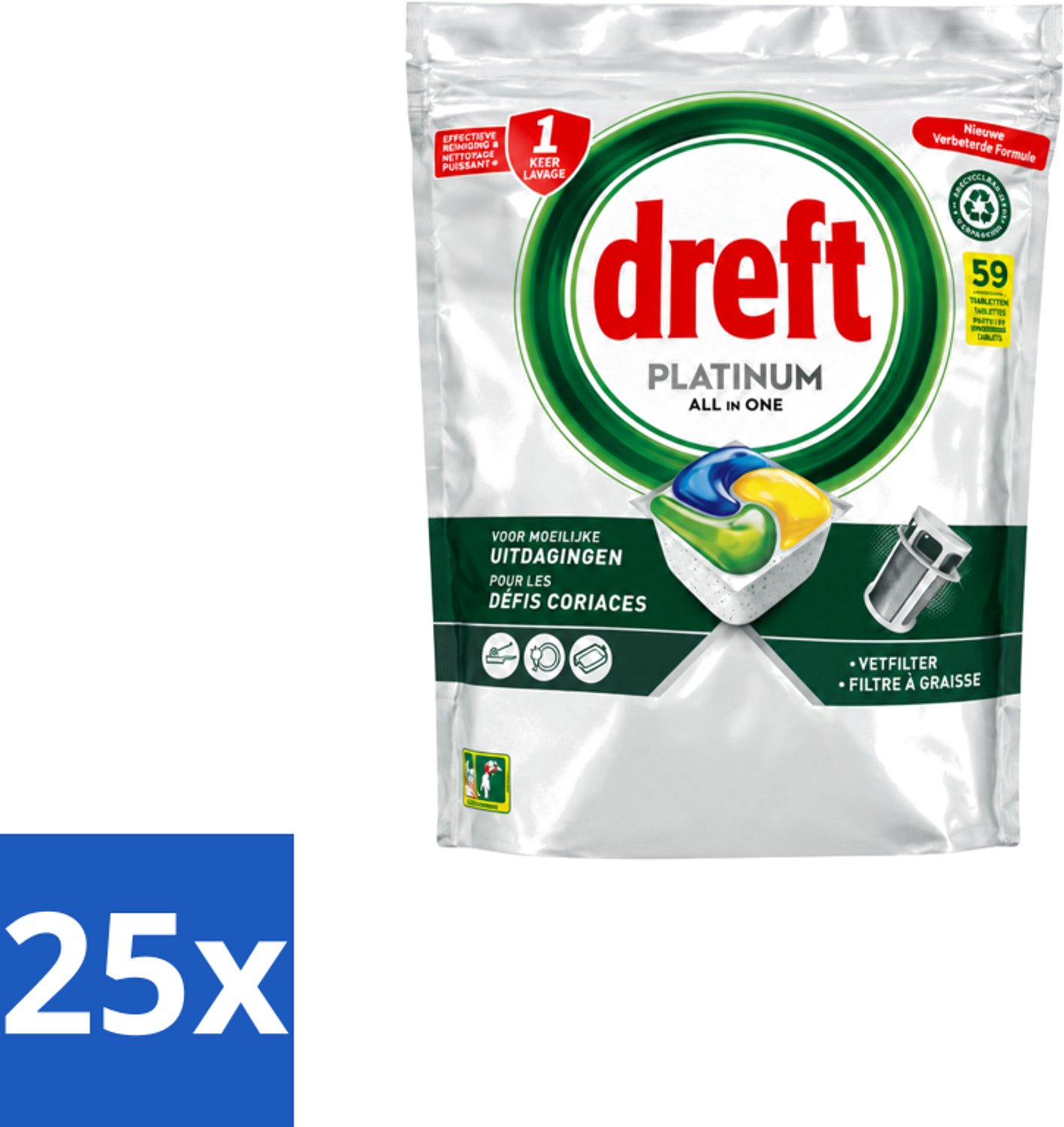 25 x Dreft – Vaatwastabletten – All-in-One Platinum – Lemon – 59 Tabletten - Voordeelverpakking - 25 stuks
