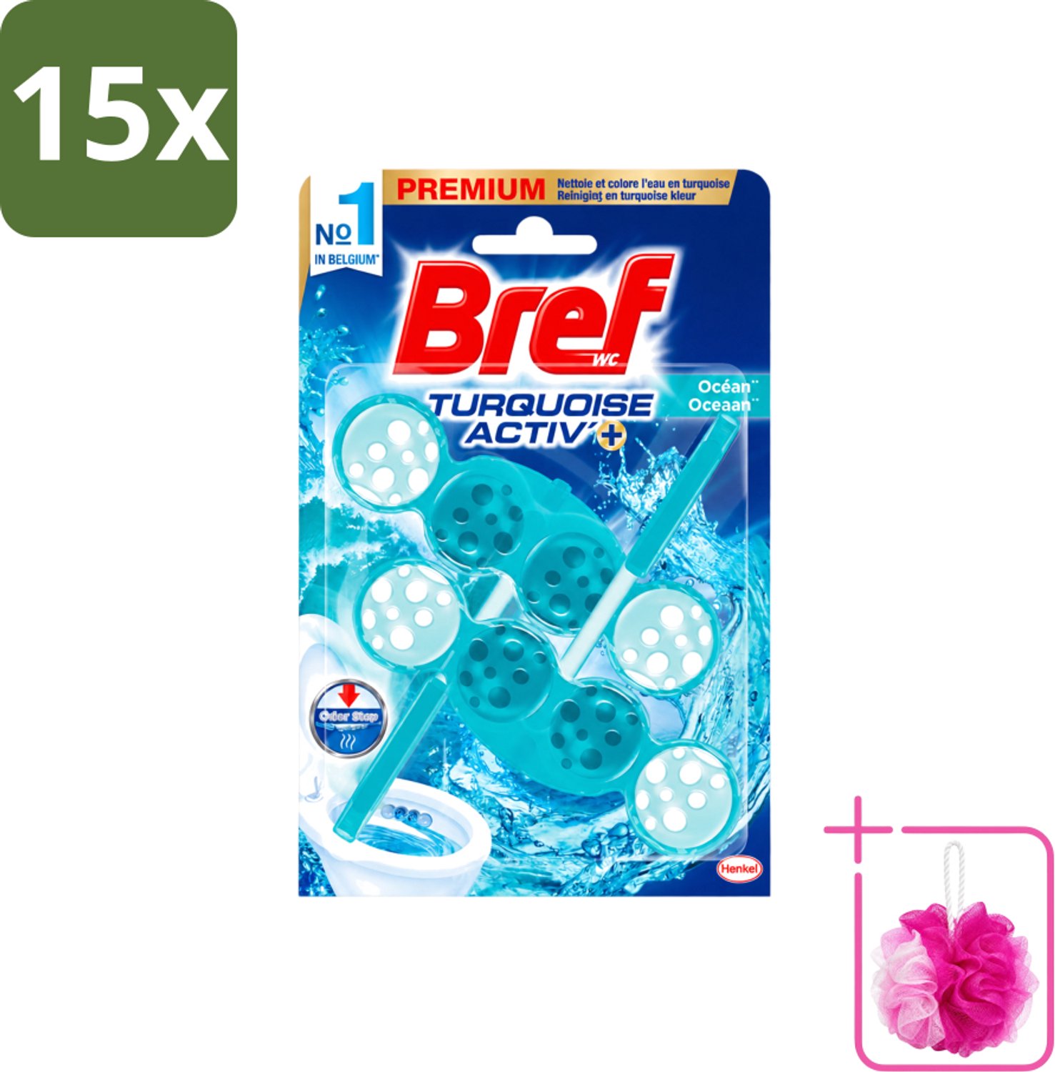 15 x Bref WC - Turquoise Activ+ - Toiletblok - Oceaan - 2 Blokken - Bulkverpakking - Toilet - Douchemop - Toiletblok