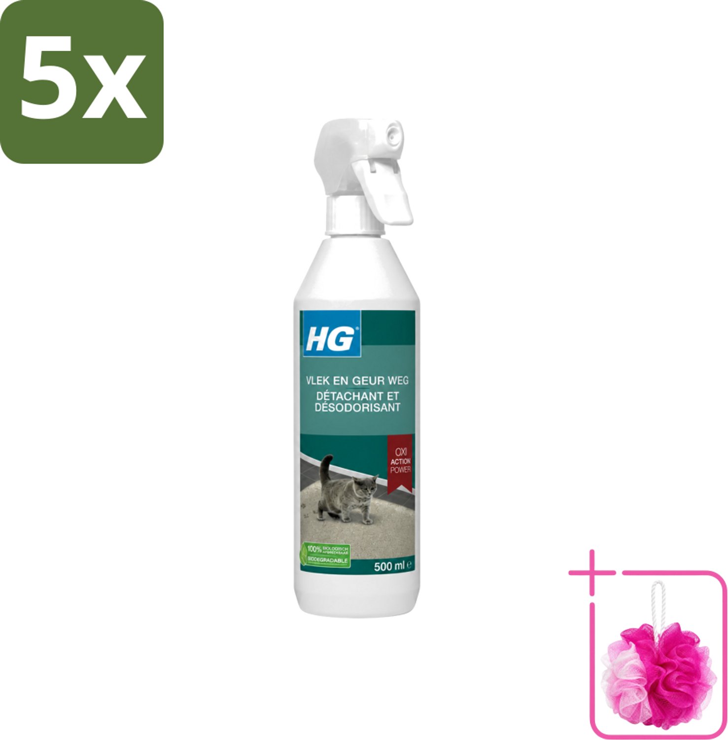5 x HG - Vlek & Geur Weg - Tegen Kattengeuren- Oxi Action Power - 100% Biologisch - 500 ml - Bulkverpakking - Vlek verwijderen - Douchemop - Geur weg