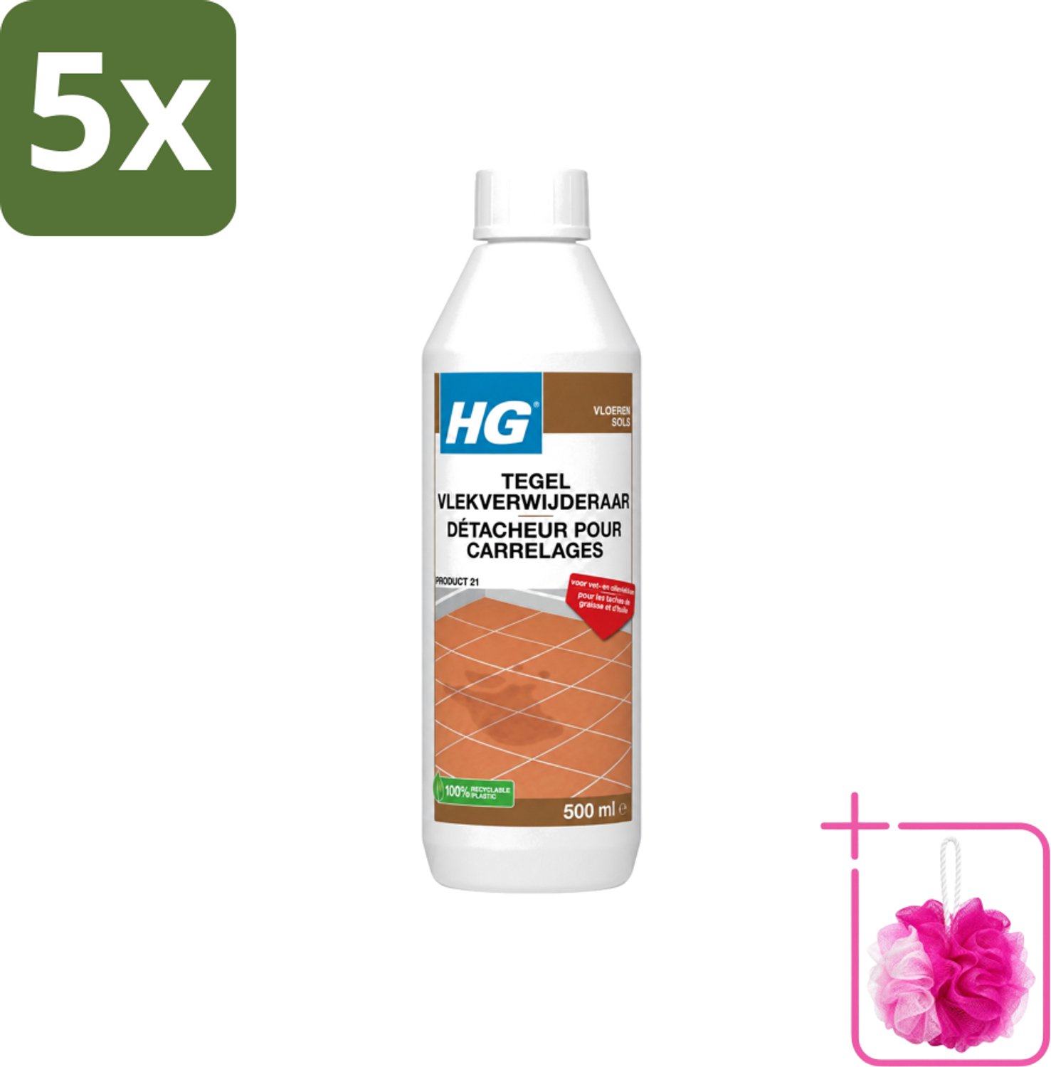 5 x HG - Vloeren - Tegel Vlekverwijderaar - Voor Vet & Olievlekken - 500 ml - Bulkverpakking - Vlekverwijderaar tegel - Douchemop - Vetvlek verwijderen