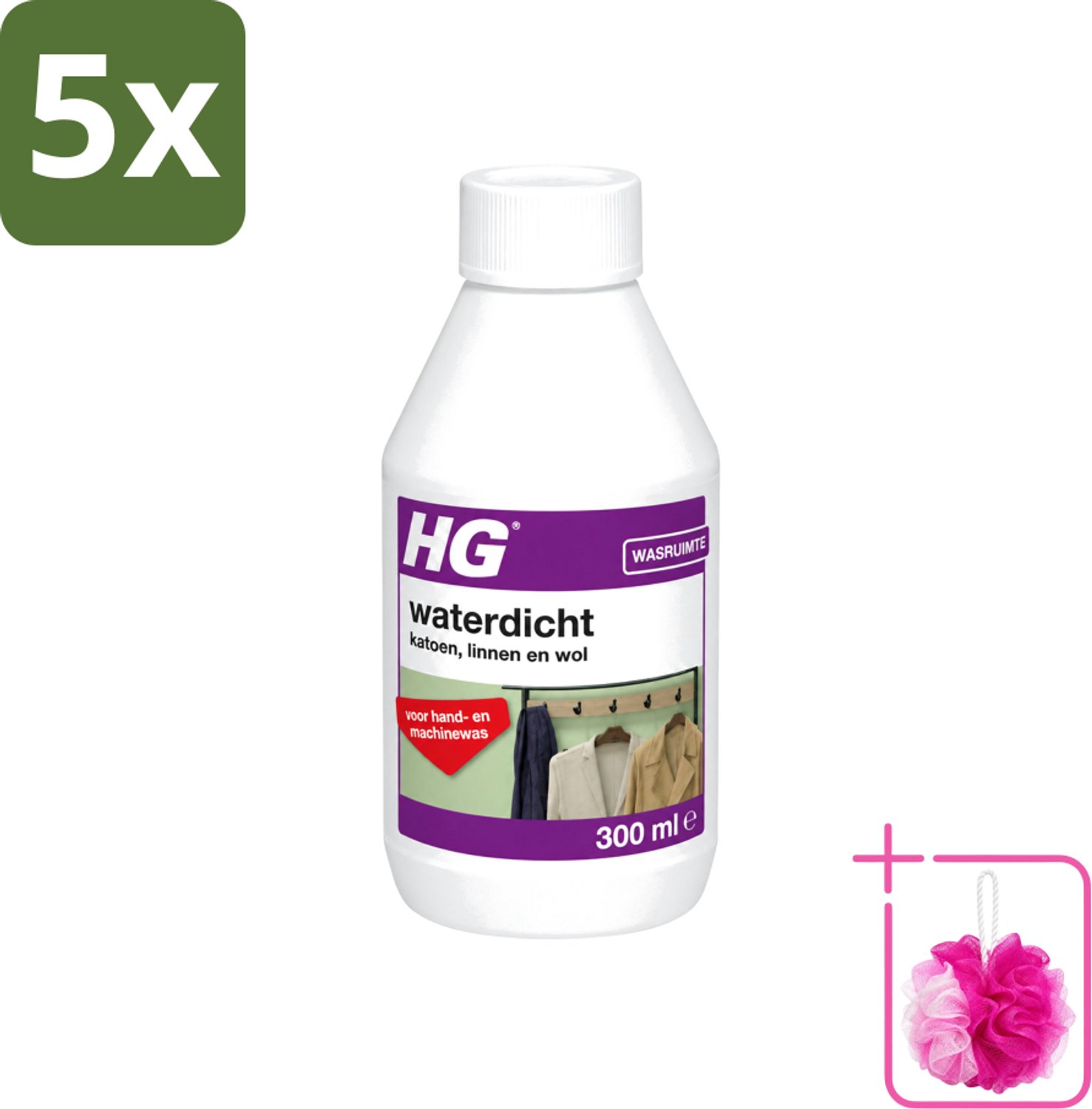 5 x HG - Wasruimte - Waterdicht Katoen, Linnen & Wol - Voor Hand & Machine Was - 300 ml - Bulkverpakking - Waterdicht textiel - Douchemop - Vuilafstotend textiel
