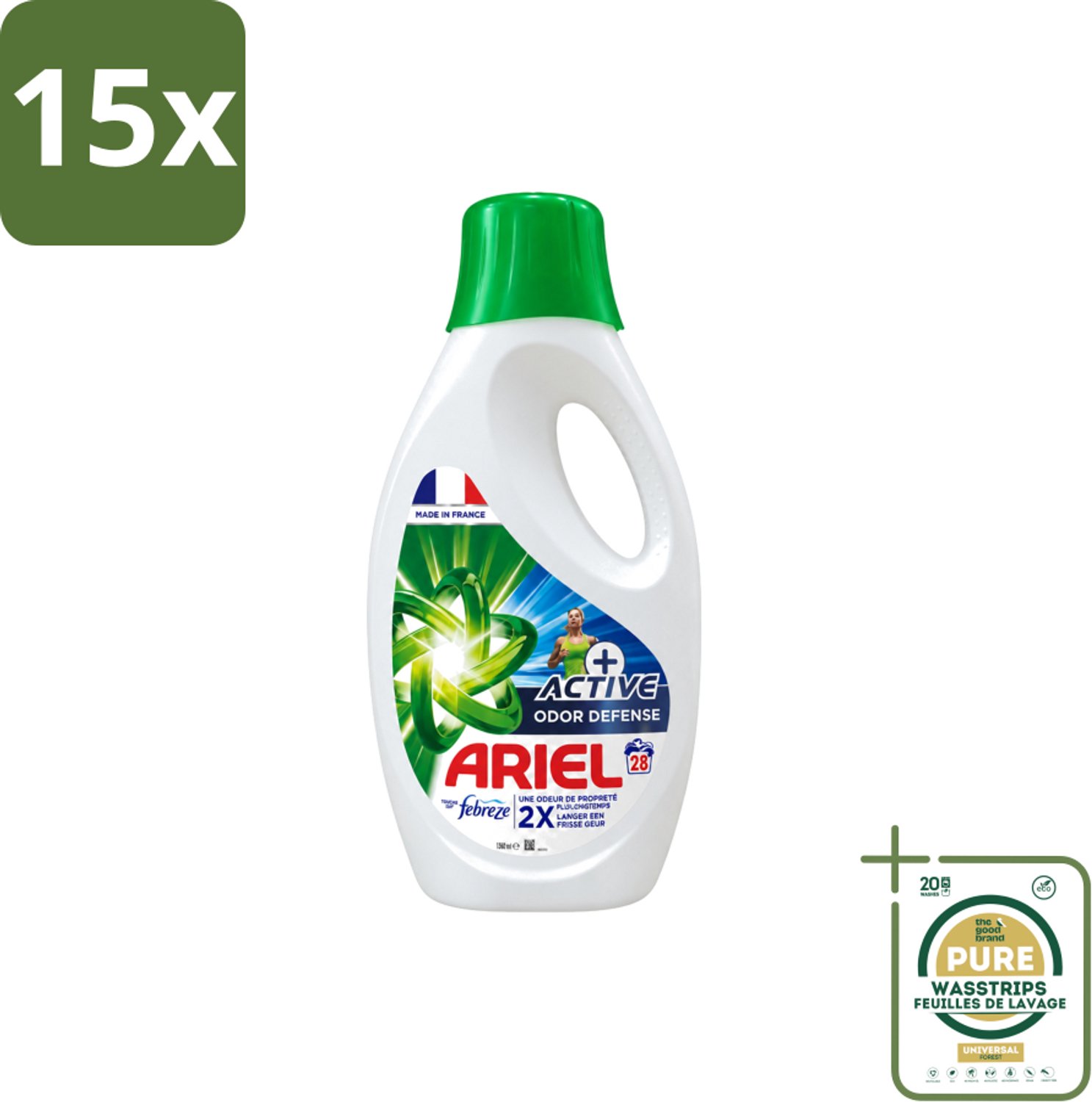 15 x Ariel – Vloeibaar Wasmiddel – Active Odor Defense – 1,26 L – 28 wasbeurten - Wasstrips - Geurverwijderend Wasmiddel - Sportkleding Wassen - Activiteit Kleding - Geurneutralisatie - Wasmiddel 1.26 L