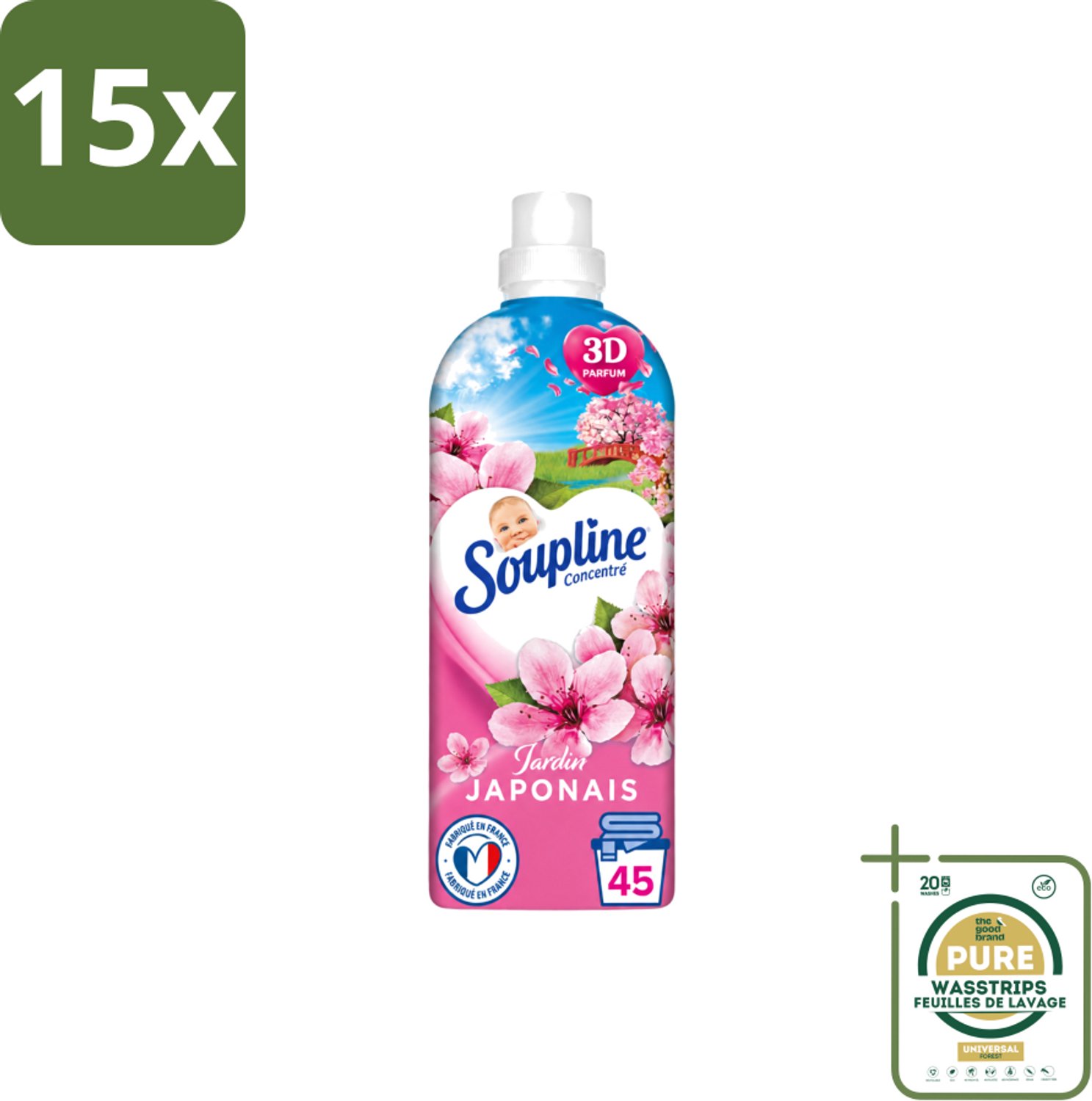 15 x Soupline – Wasverzachter – Japanse Tuin – 950 ml - Wasstrips - Wasverzachter - Zachte Wasgoed - Geur - Japanse Tuin - Rustgevende Geur