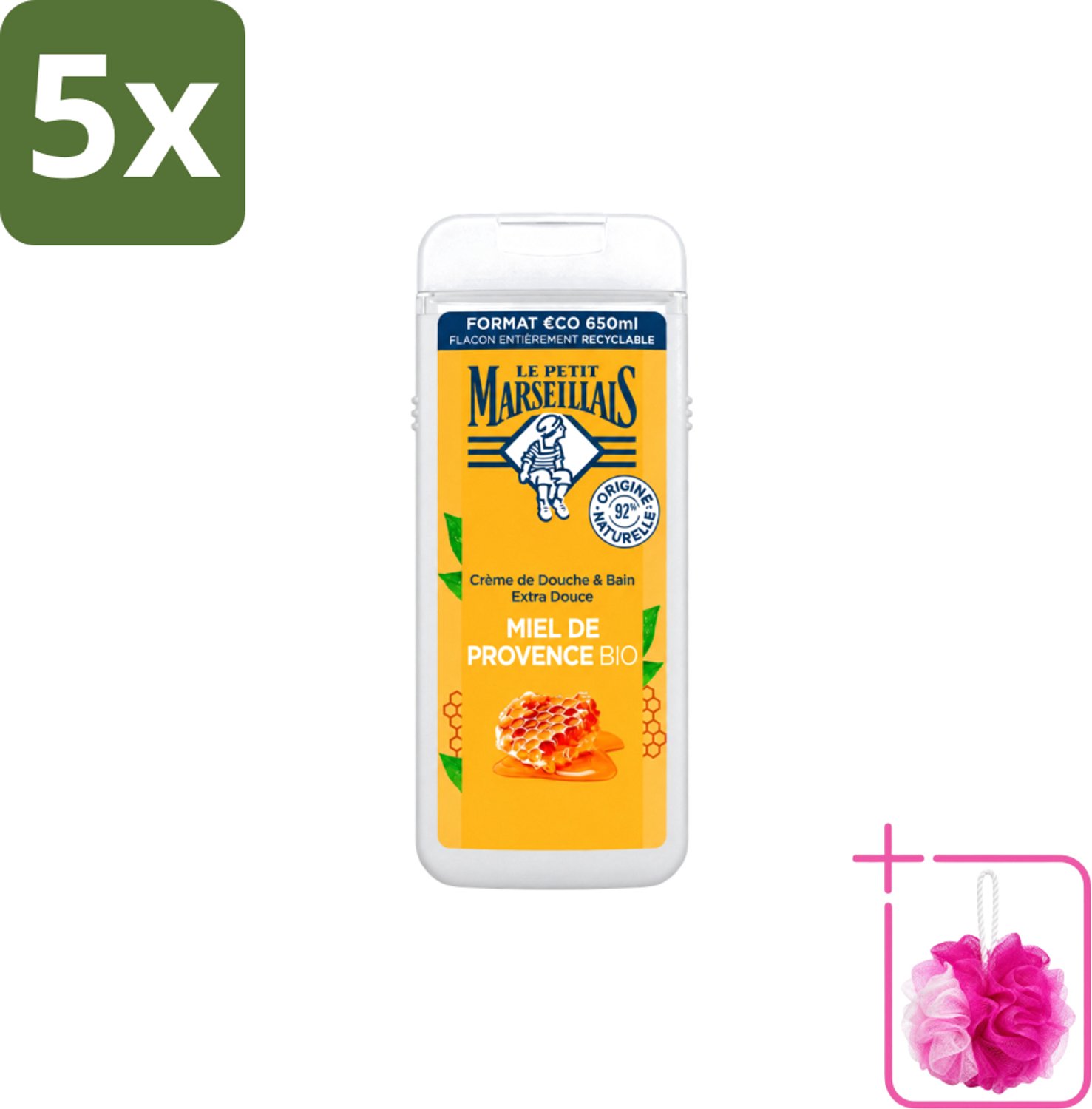 5 x Le Petit Marseillais – Douche & Bad – Honing – 650 ml - Bulkverpakking - Douche en bad - Douchemop - Honing
