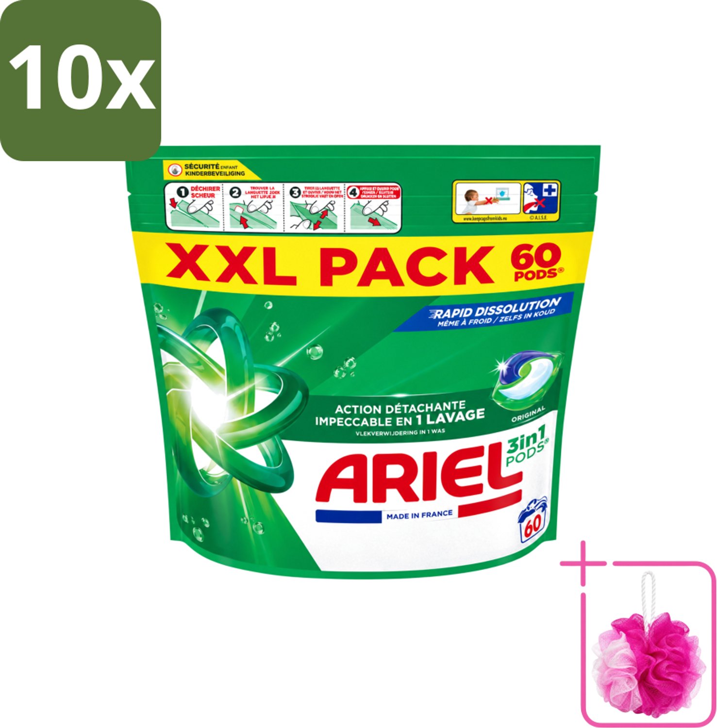 10 x Ariel – Pods 3in1 – Original – 60 wasbeurten - Bulkverpakking - Ariel 3in1 Pods - Douchemop - Wasmiddel capsules