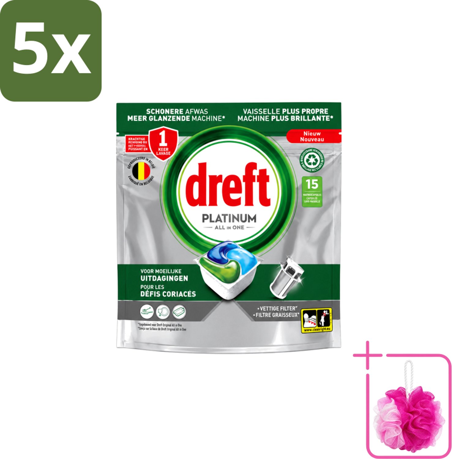 5 x Dreft – Vaatwascapsules – Platinum All-in-One – 15 Capsules - Bulkverpakking - Vaatwasmiddel - Douchemop - Vaatwascapsule