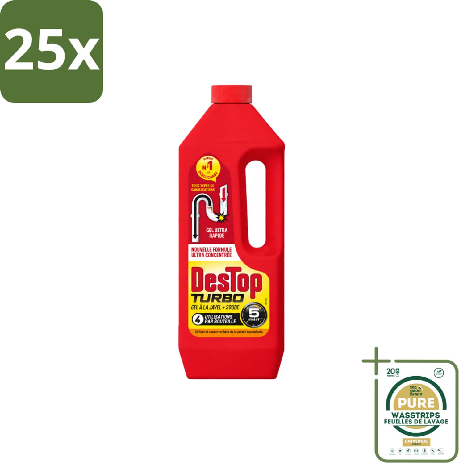 25 x Destop - Ontstopper - Turbo Gel - 1 L - Wasstrips - Ontstoppen - Afvoer - Verstopping - Ontstopmiddel - Afvoerleiding