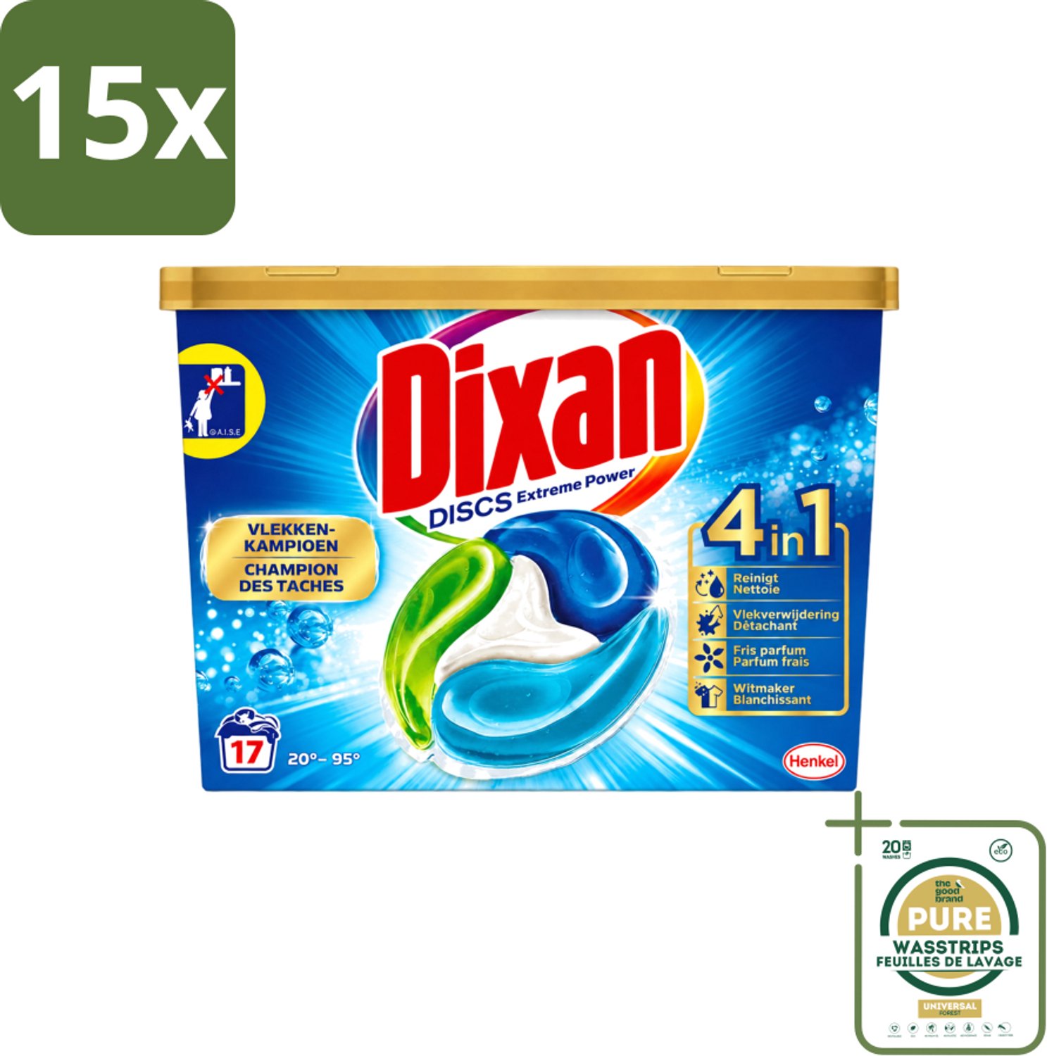 15 x Dixan Discs - Wasmiddelcapsules en Vlekverwijderaar - Extreme Power - Witte, Gekleurde & Zwarte Was - 17 Wasbeurten - Wasstrips - Wasmiddelcapsules - Vlekverwijderaar - Wasmiddel - Wasbeurt - Wasmachine