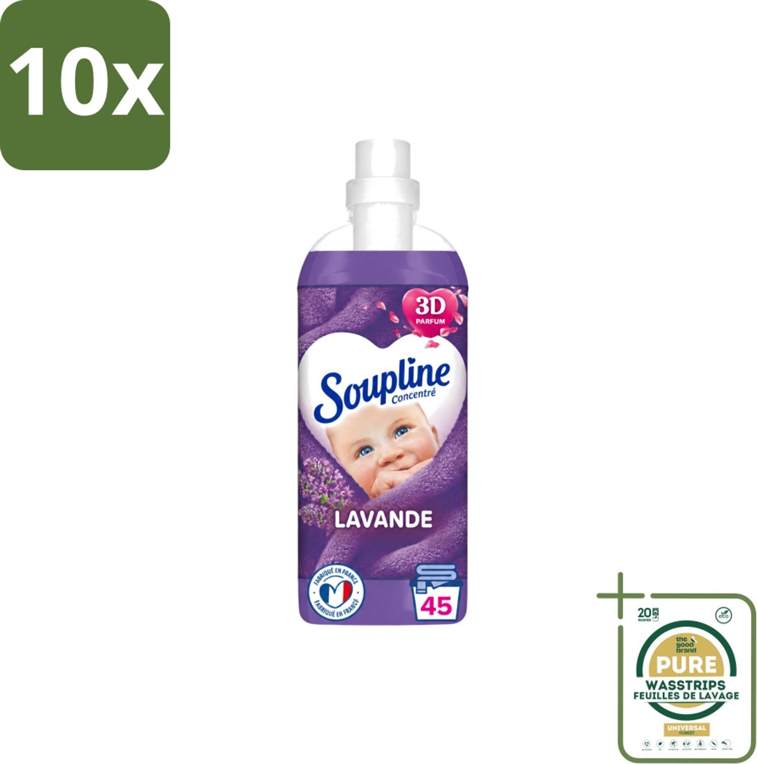 10 x Soupline - Wasverzachter - Lavendel - 45 Wasbeurten - 1L - Wasstrips - Wasverzachter - Wasgoed Verzorgen - Wasresultaat - Wasmachine - Wasverzachter Lentebloesem