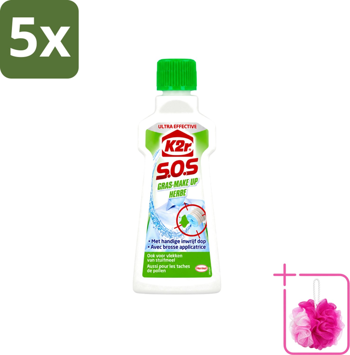 5 x K2R - SOS Vlekverwijderaar - Gras & Make-up - 50ml - Bulkverpakking - Vlekverwijderaar - Douchemop - Grasvlek