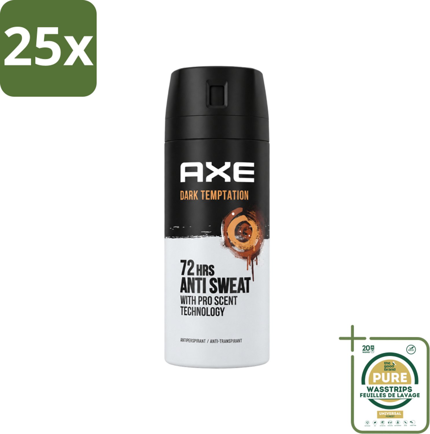 25 x Axe - Deodorant Spray - 72hrs Anti Sweat - Dark Temptation - 150 ml - Wasstrips - Anti-sweat Spray - 72 Uur Bescherming - Zweetvoorkomend - Geur Chocolade - Kruiden Geur