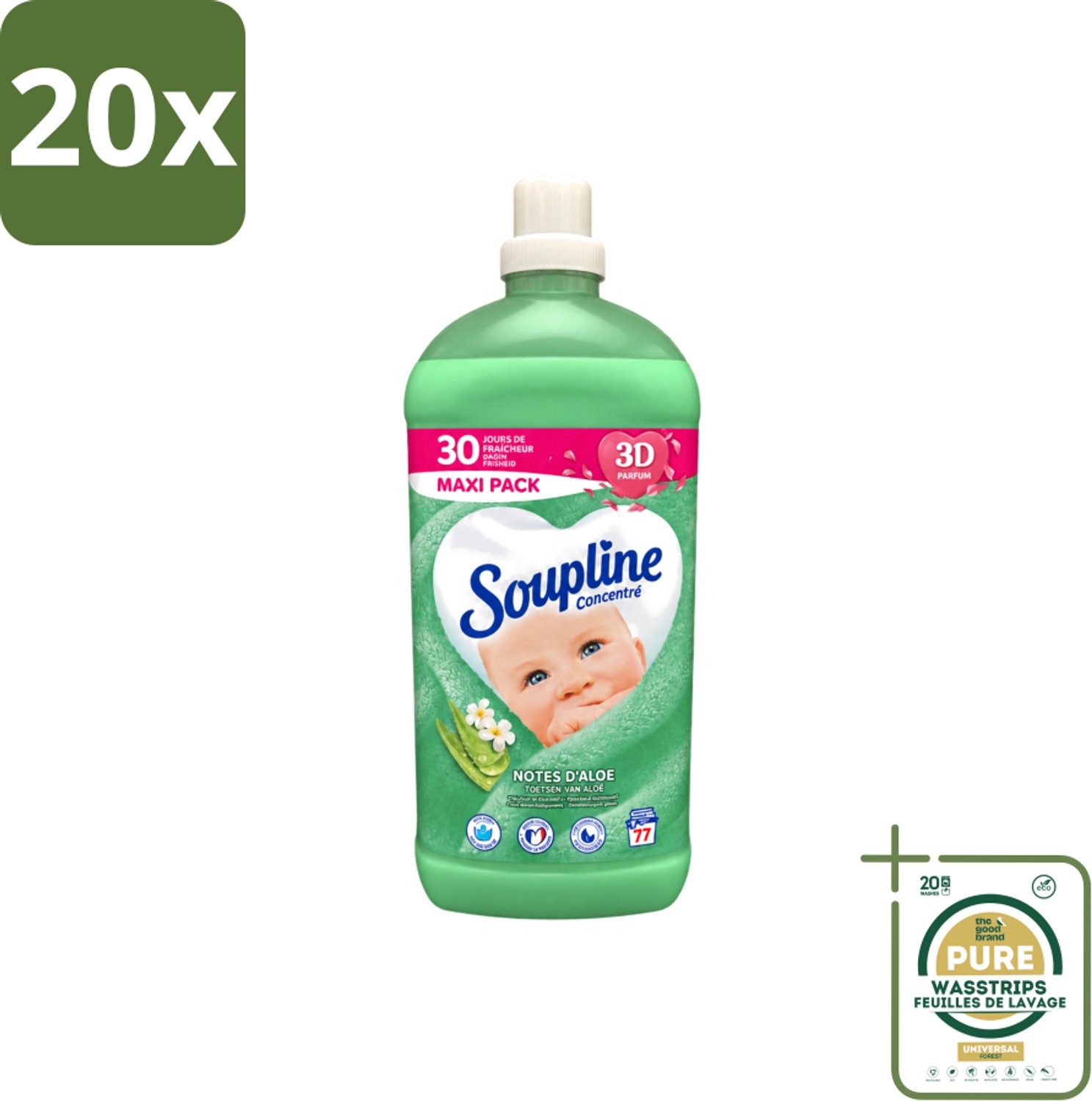 20 x Soupline - Wasverzachter - Aloë Vera Concentraat - 77 Wasbeurten - Wasstrips - Wasverzachter Aloë Vera - Wasverzachter Voor Kleding - Aloë Vera Wasverzachter - Zachte Wasverzachter - Wasverzachter Voor Gezin