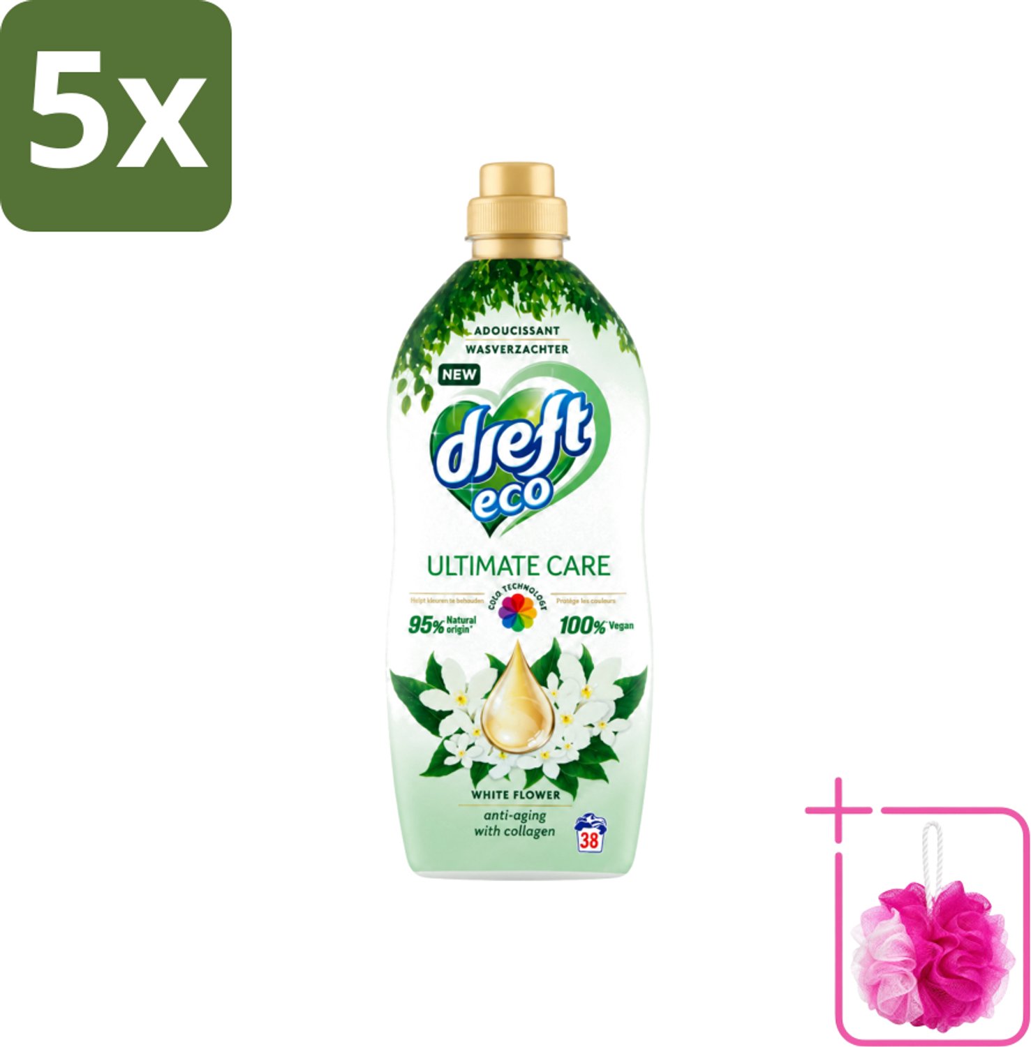 5 x Dreft ECO - Wasverzachter - Gekleurde Was - Witte Bloem - Anti-Veroudering - 38 Wasbeurten - Bulkverpakking - Wasverzachter - Douchemop - Anti-aging