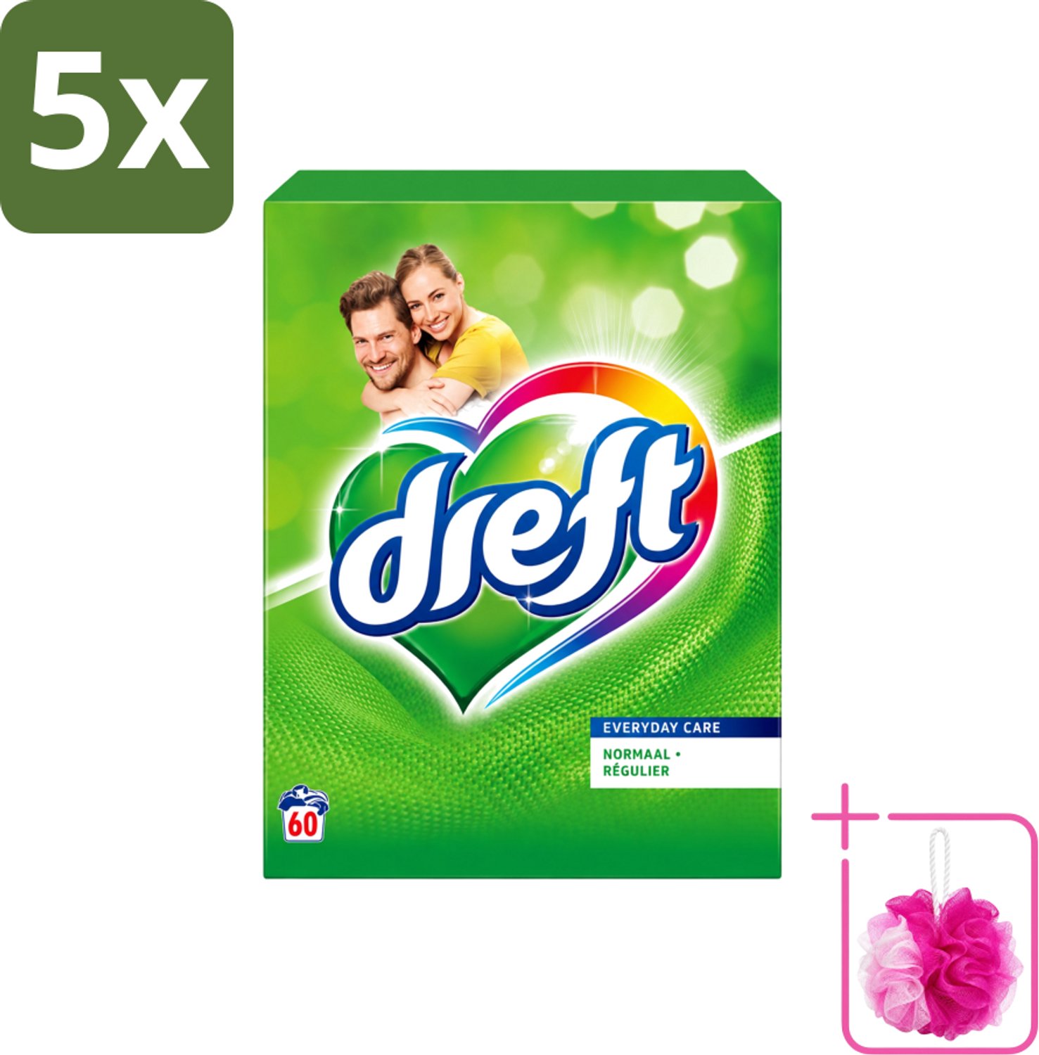 5 x Dreft - Everyday Care - Waspoeder - Gekleurde Was - Original - 60 Wasbeurten - Bulkverpakking - Waspoeder - Douchemop - Gekleurde was