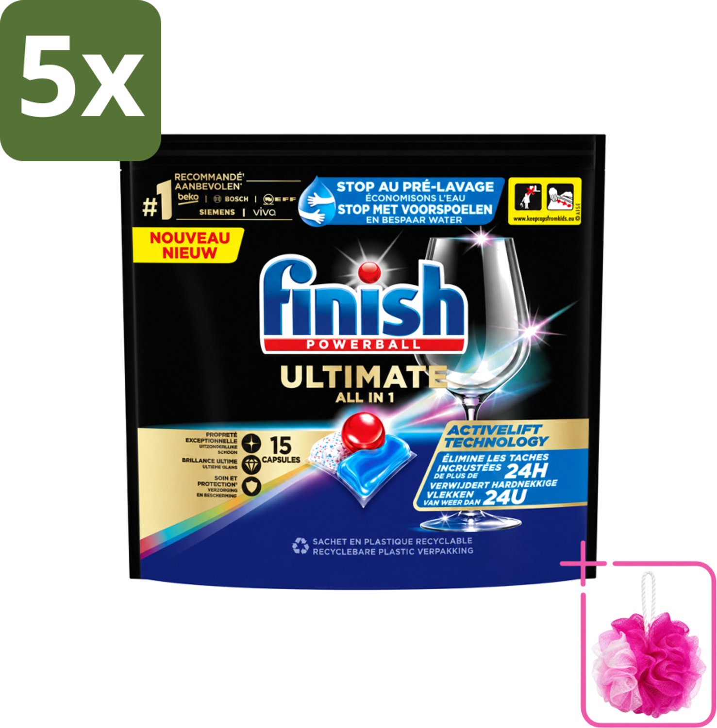 5 x Finish Powerball - Ultimate All in 1 - Vaatwastabletten - Activelift - 15 Capsules - Bulkverpakking - Vaatwastabletten - Douchemop - Activelift