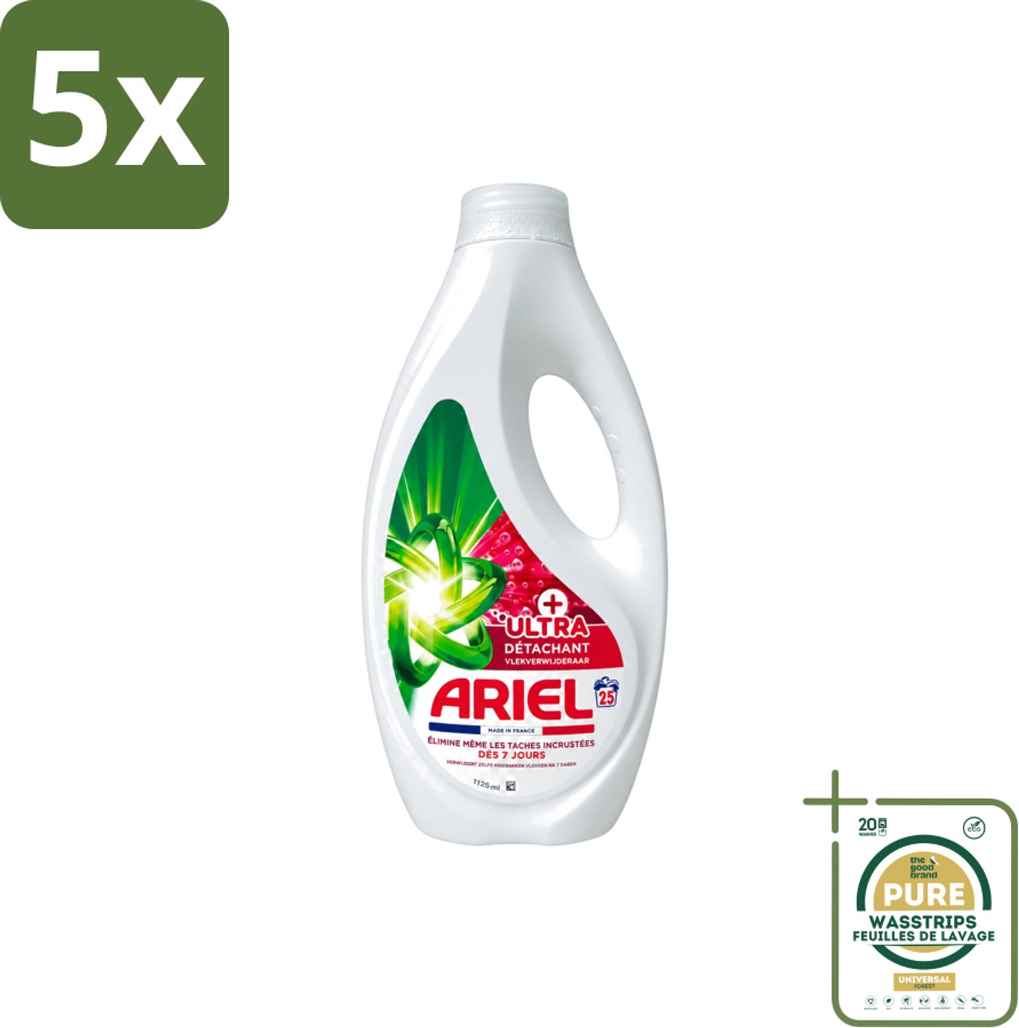 5 x Ariel – Vloeibaar Wasmiddel – Ultra Vlekverwijderaar – 1125 ml – 25 wasbeurten - Wasstrips - Vlekverwijderaar - Wasmiddel - Vloeibaar Wasmiddel - Krachtige Vlekverwijdering - Ingedroogde Vlekken