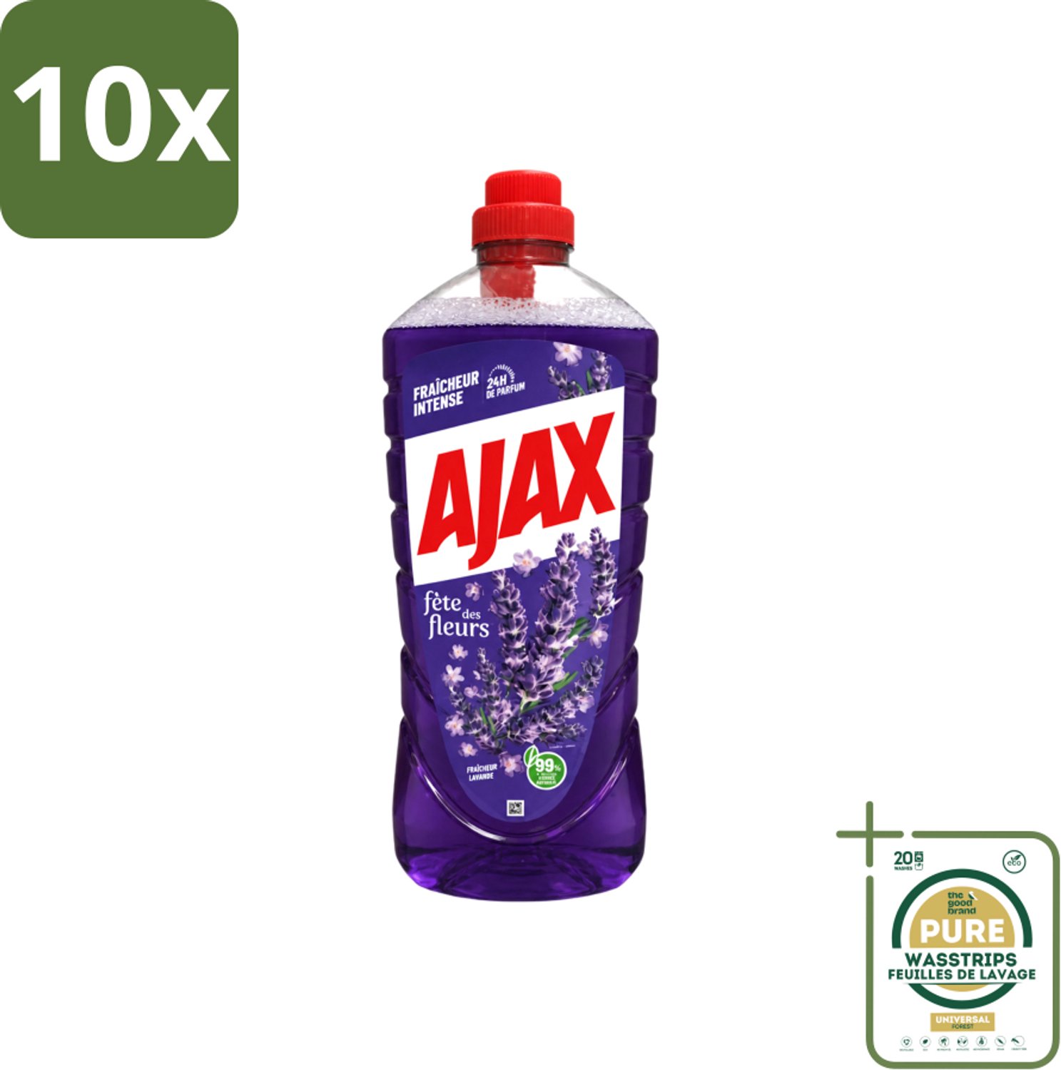 10 x Ajax – Allesreiniger – Lavendel – 1,25 L - Wasstrips - Allesreiniger Lavendel - Reiniging - Vet Verwijderen - Frisse Geur - Rustgevende Geur