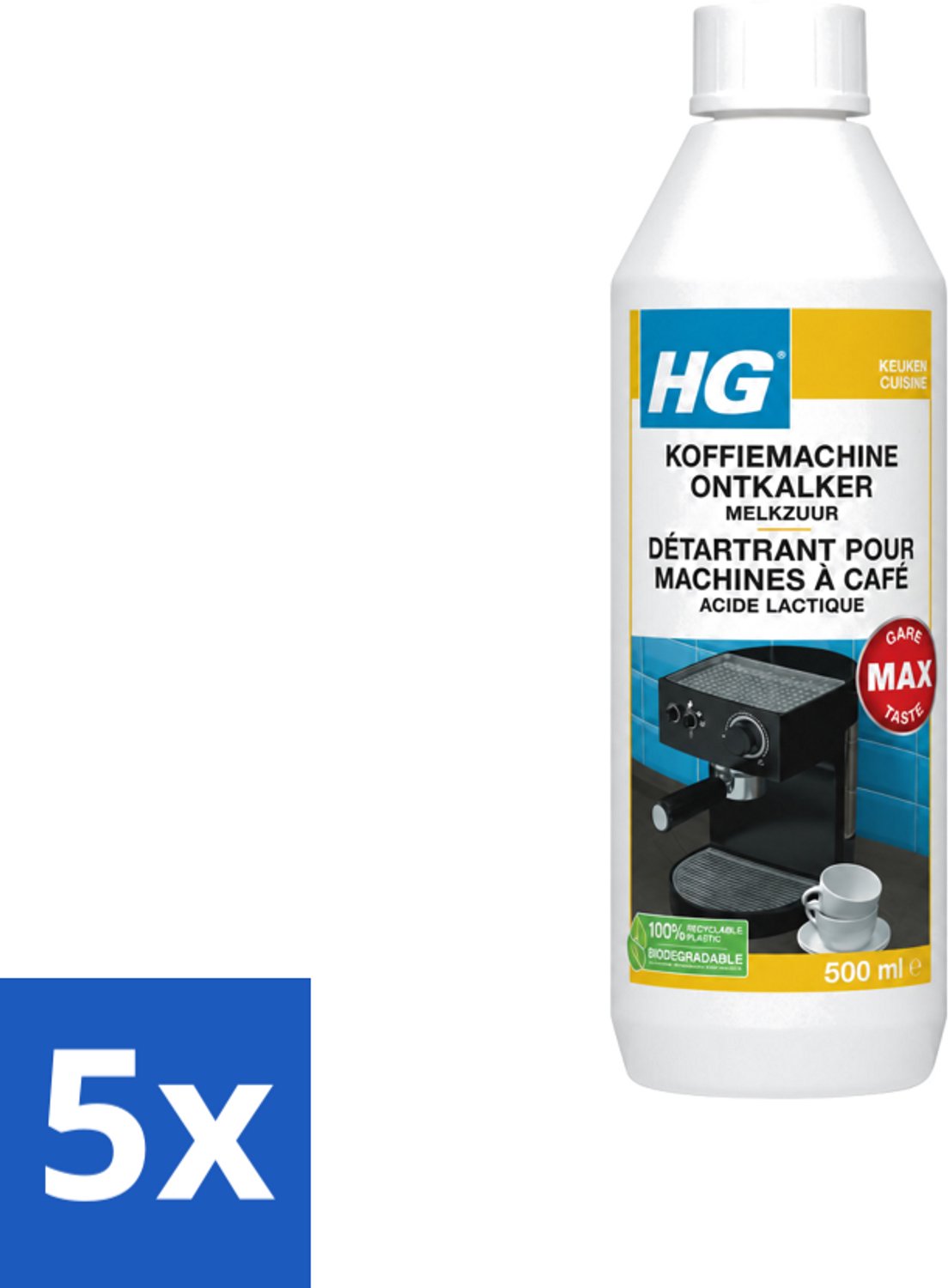5 x HG - Koffiemachine Ontkalker - Op Basis Van Melkzuur - 4 tot 5 Reinigingsbeurten - 500 ml - Voordeelverpakking - 5 stuks