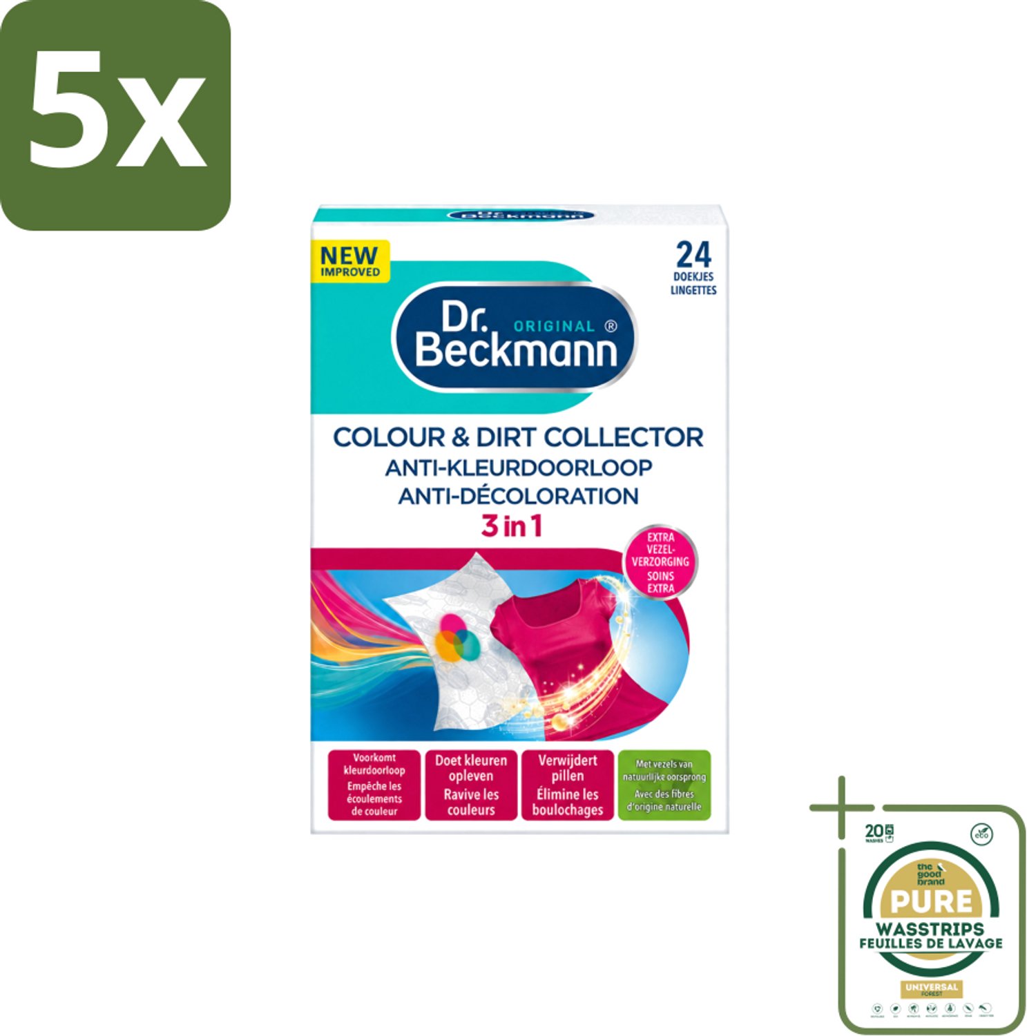 5 x Dr. Beckmann - Anti-Kleur Doorloopdoekjes - Kleurbescherming - Witte en Gekleurde Was - 24 Doekjes - Wasstrips - Kleurbescherming - Wasdoek - Kleurdoorloop - Wasdoekjes - Kleurabsorptie