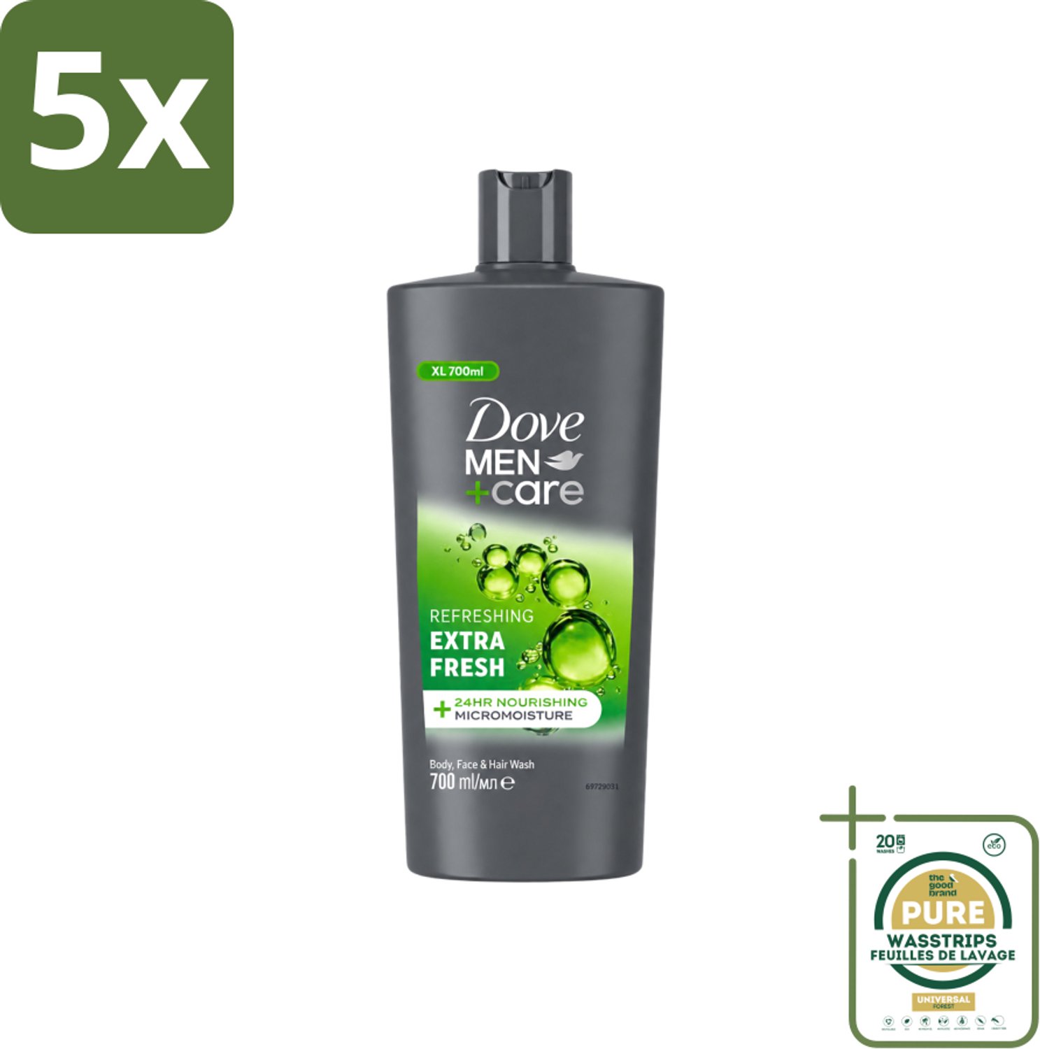 5 x Dove Men+Care - Extra Fresh - Douchegel 3-in-1 - Verzorgend - 700 ml - Wasstrips - Douchegel Voor Mannen - Verfrissende Douche - Hydraterende Douche - Gezichtsproduct Voor Mannen - Haarproduct Voor Mannen