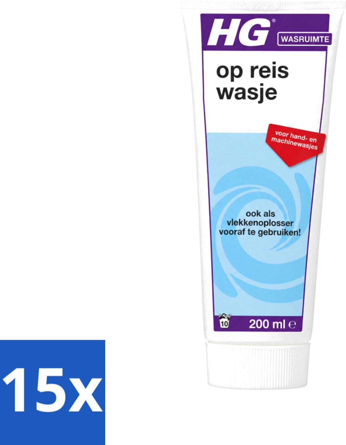 15 x HG - Wasruimte - Op-Reis-Wasje - Voor Hand & Machine Wasjes - 200 ml - Voordeelverpakking - 15 stuks