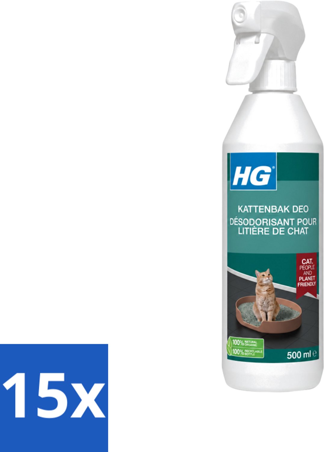 15 x HG - Kattenbak Deo - Neutraliseert Geuren - 100% Biologisch - 500 ml - Voordeelverpakking - 15 stuks