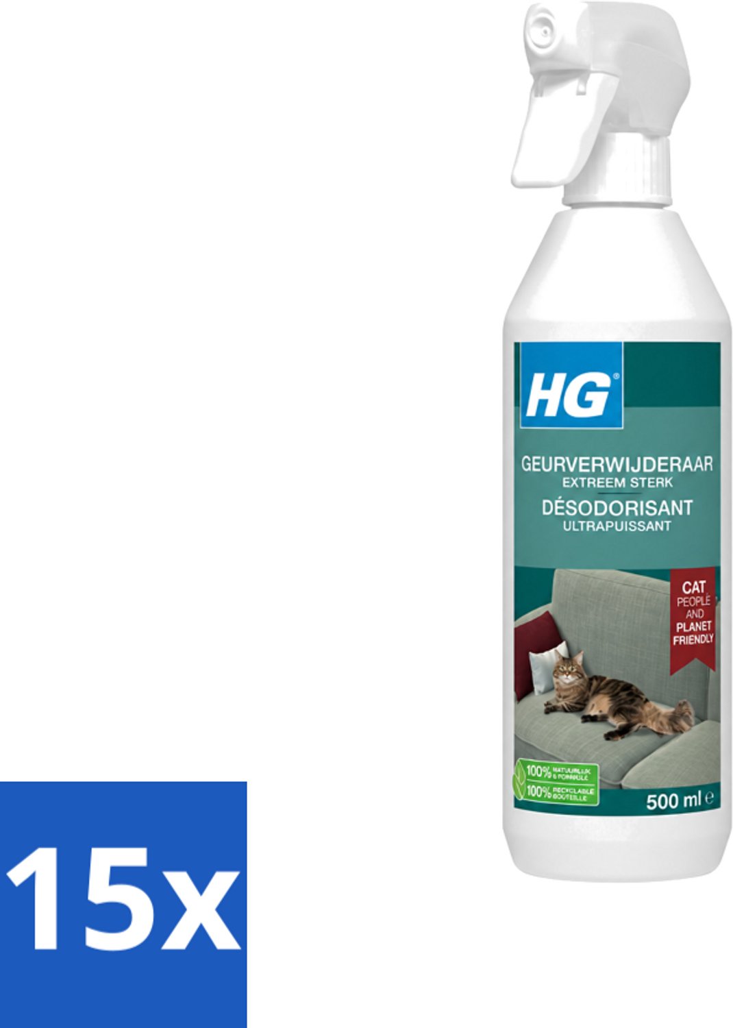 15 x HG - Geurverwijderaar - Extreem Sterk - Tegen Kattengeuren - 100% Biologisch - 500 ml - Voordeelverpakking - 15 stuks
