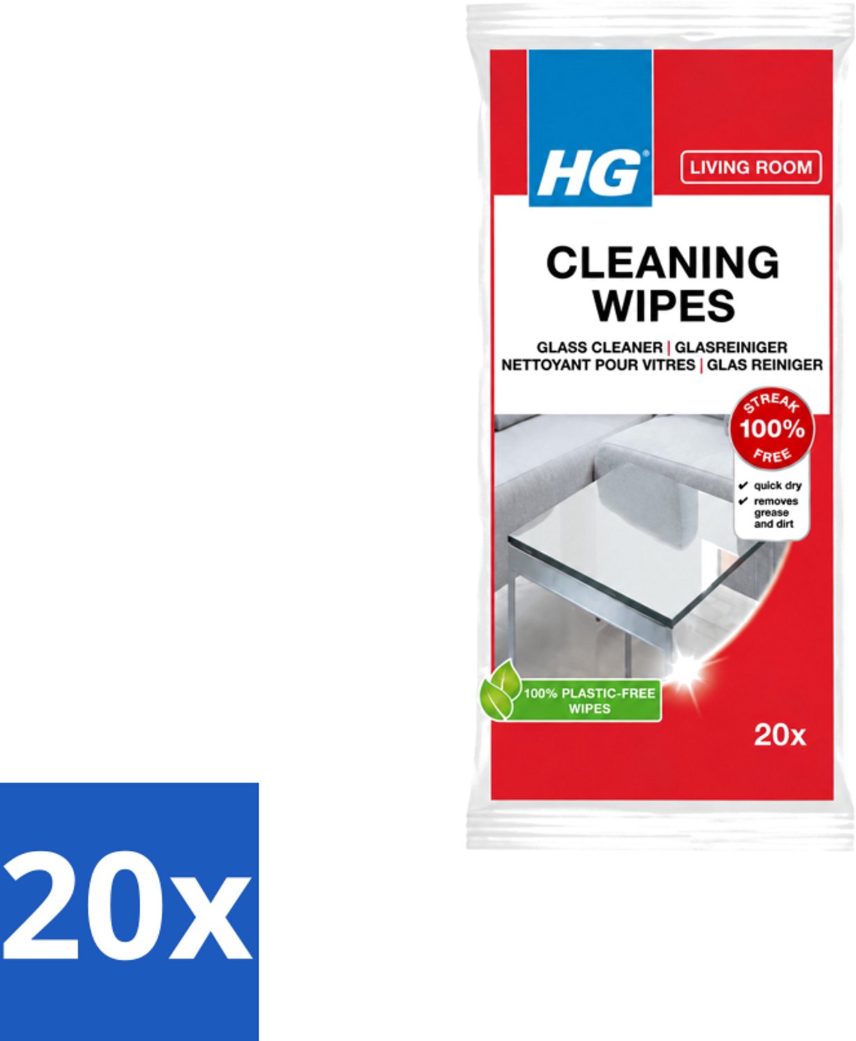 20 x HG - Woonkamer - Glasreinigingsdoekjes - Reinigt Streeploos - 20 Doekjes - Voordeelverpakking - 20 stuks