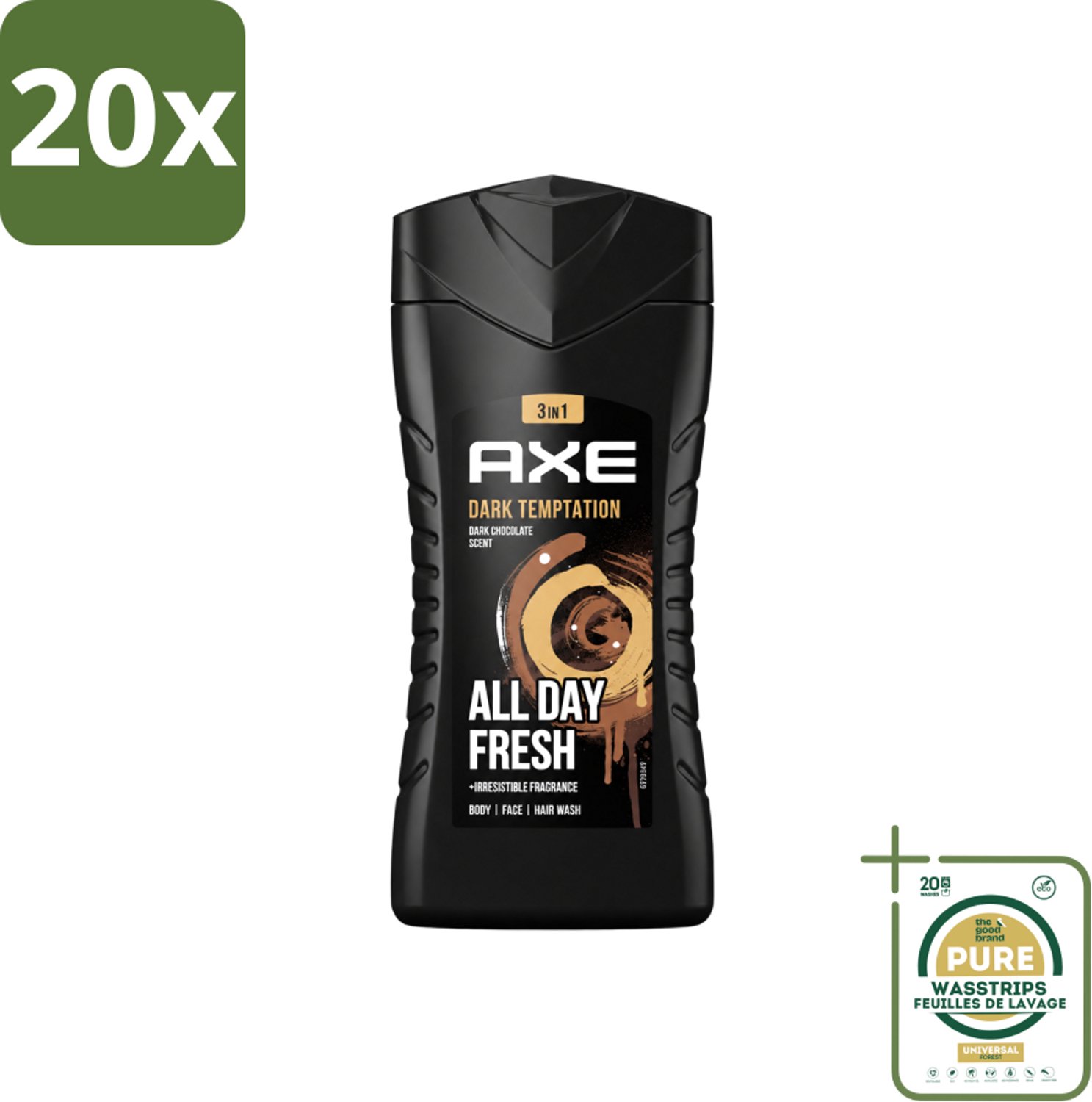 20 x Axe - 3-in-1 Douchegel - Dark Temptation - Dark Chocolate - 12hrs Long Lasting Scent - 250 ml - Wasstrips - Douchegel - Geur - Lichaam - Gezicht - Haar