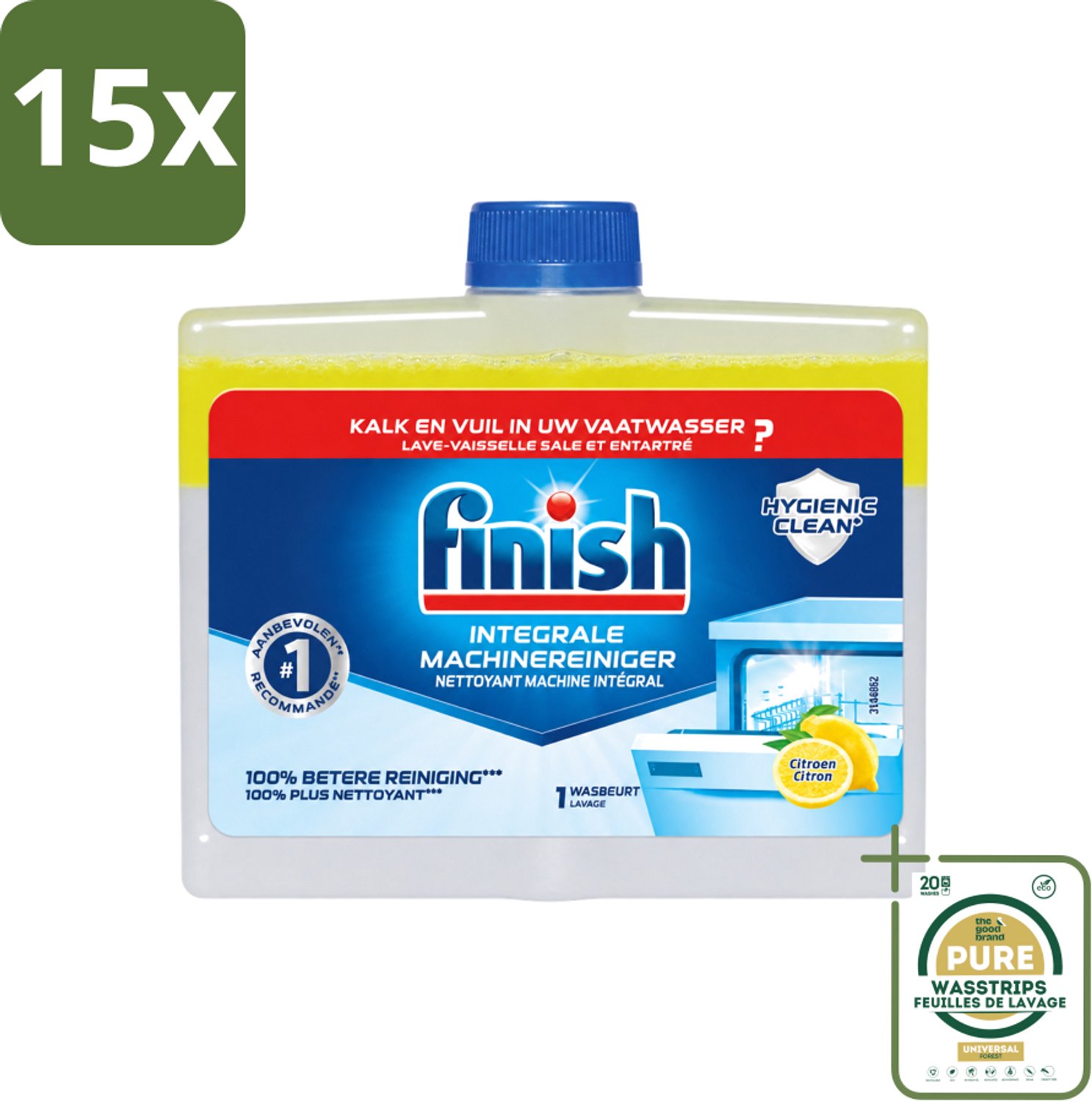 15 x Finish - Integrale Machinereiniger - Hygienic Clean - Anti-Kalk & Anti-Vuil - Citroen - 250ml - Wasstrips - Vaatwasmachinereiniger - Vaatwasmachine Reinigen - Kalkverwijderen - Vetverwijderen - Vaatwasser Reinigen