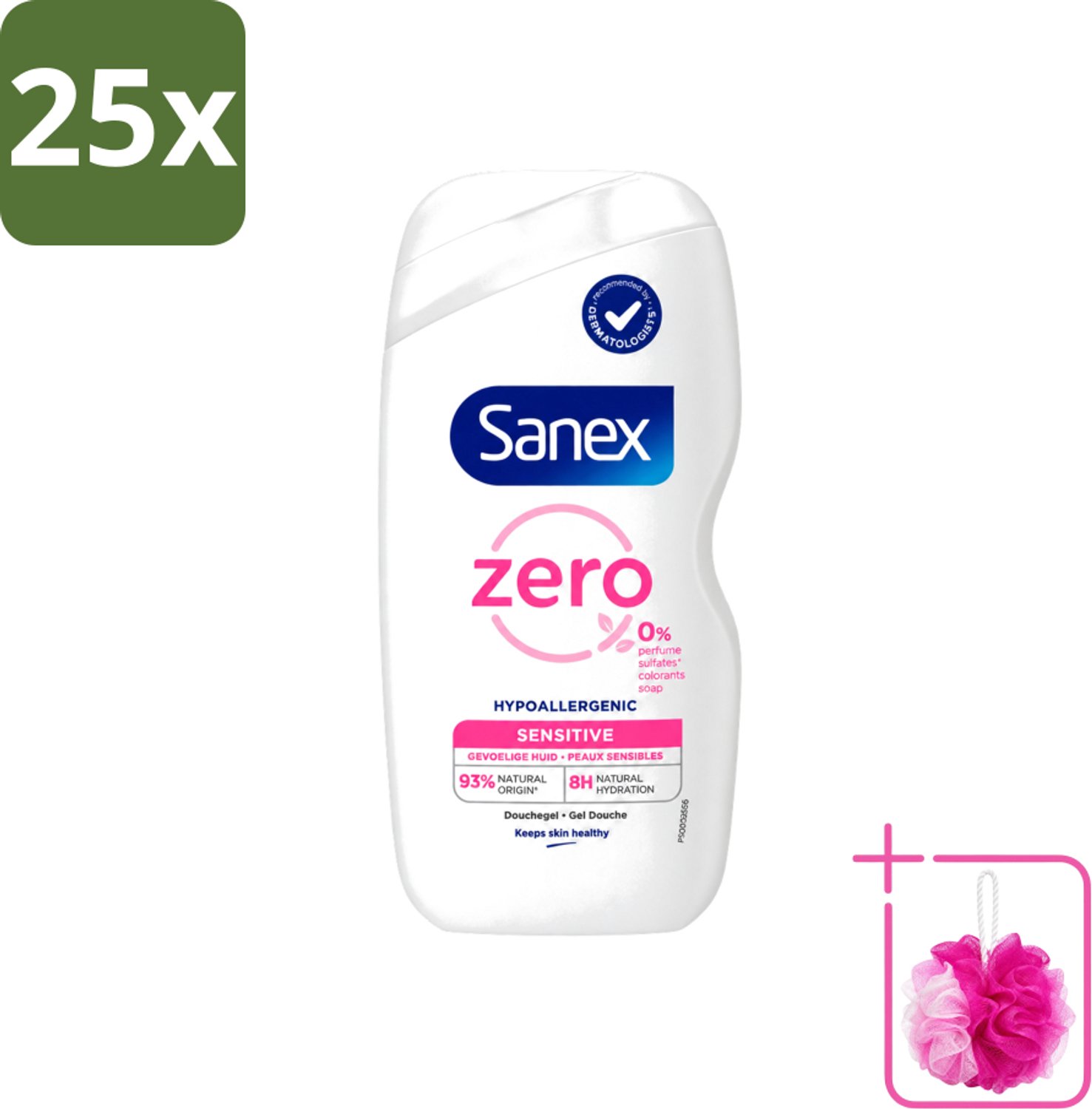 25 x Sanex Zero% - Douchegel - Gevoelige Huid - 0% Parfumsulfaten - Hypoallergeen - 400 ml - Bulkverpakking - Gevoelige huid - Douchemop - Hypoallergene douchegel