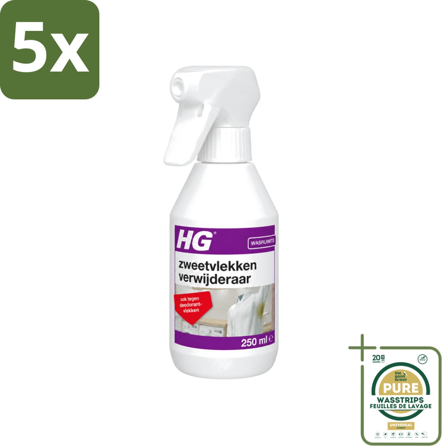 5 x HG - Wasruimte - Zweetvlekkenverwijderaar - Tegen Deodorantvlekken - 250 ml - Wasstrips - Zweetvlekken Verwijderen - Gele Vlekken Verwijderen - Deodorantvlekken Verwijderen - Textiel Reinigen - Wasmiddel Voor Vlekken