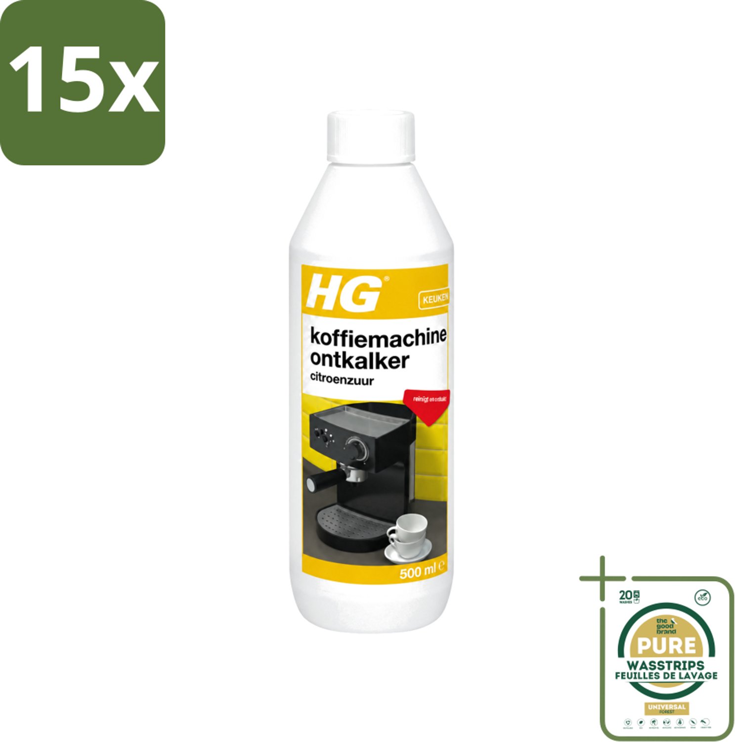 15 x HG - Koffiemachine Ontkalker - Op Basis Van Citroenzuur - Ideaal voor Senseo- & espressomachine - 500 ml - Wasstrips - Koffiemachine Ontkalker - Citroenzuur - Espresso Machine Ontkalker - Padkoffiemachine Ontkalker - Kalkverwijdering