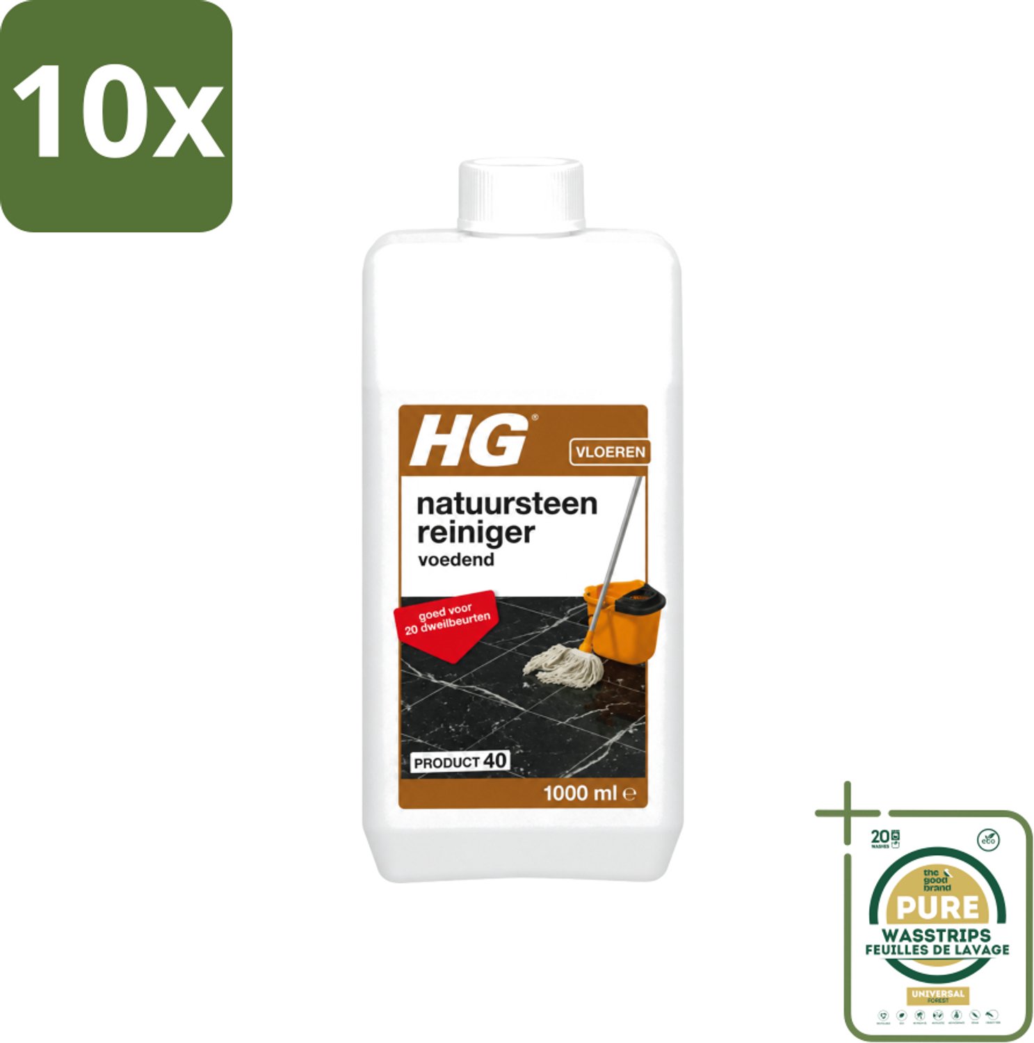10 x HG - Natuursteenreiniger - Hydraterend - Voor Regelmatige Reiniging - 20 Dweilbeurten - 1L - Wasstrips - Natuursteen Reinigen - Marmer Reinigen - Natuursteen Voeden - Vloer Reinigen - Dweilreiniger