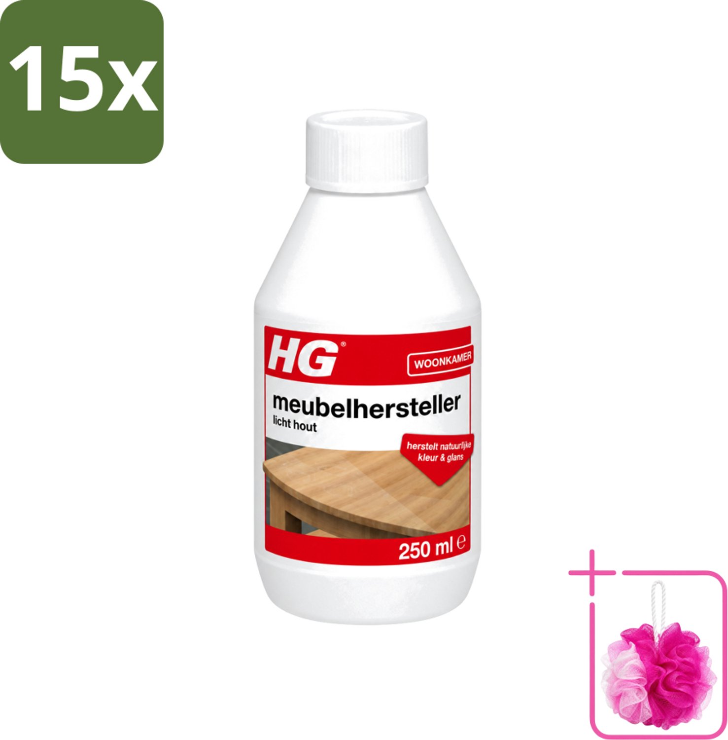 15 x HG - Meubelhersteller Licht Hout - Herstelt Natuurlijke Kleur & Glans - 250 ml - Bulkverpakking - Houtverzorging - Douchemop - Hout herstellen