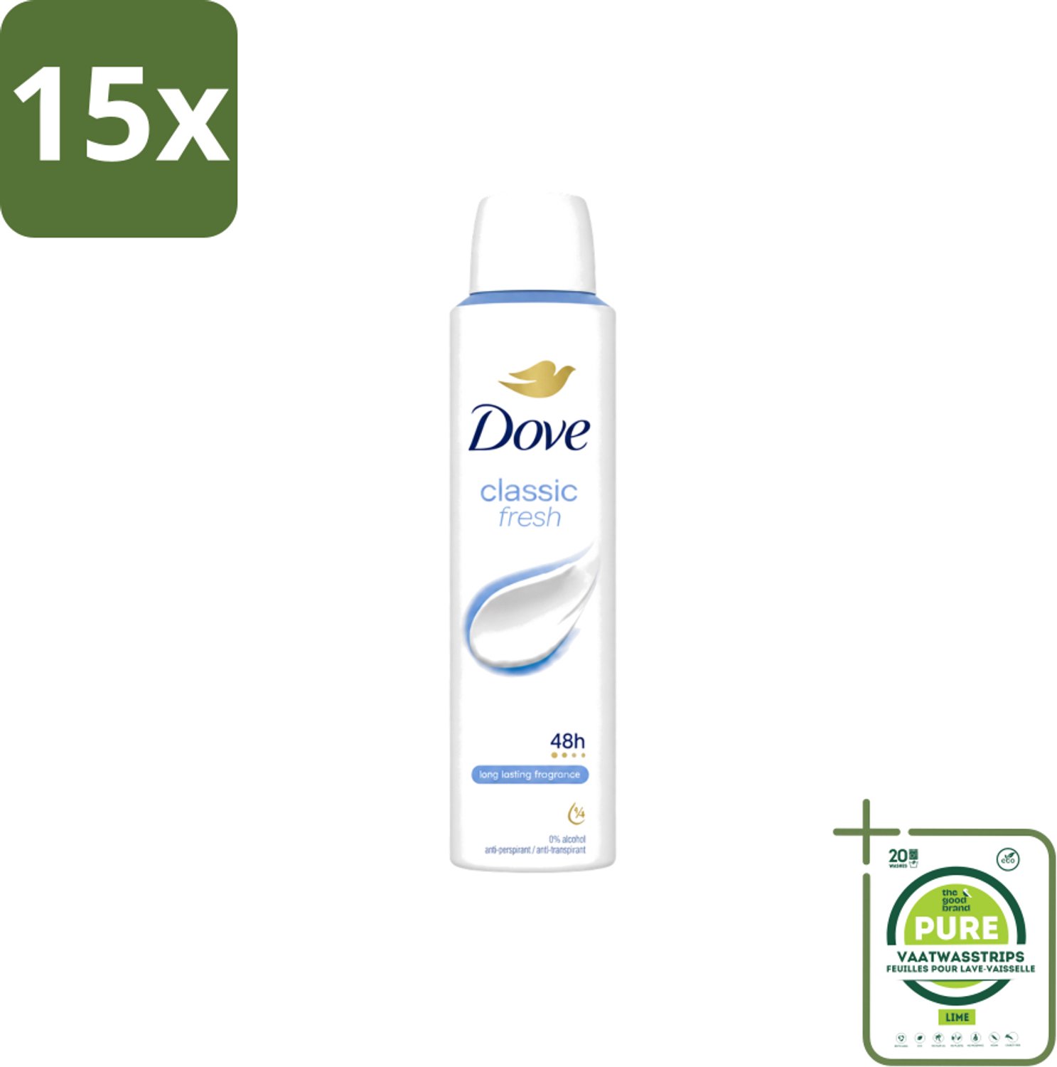 15 x Dove – Deodorant Spray – Classic Fresh – 200 ml - Grootverpakking - Vaatwasstrips - Anti-transpirant Spray - Okselgeur - Transpiratiegeur - Deodorant Spray - Klassiek Geur