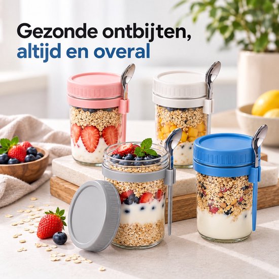 BOTC Overnight Oats Potjes - Voorraadpotten - Set van 4 met Lepels - 4x475ml - Glazen Potjes met deksels - Mason Jar — cadeau in Kookcadeaus - foto 4