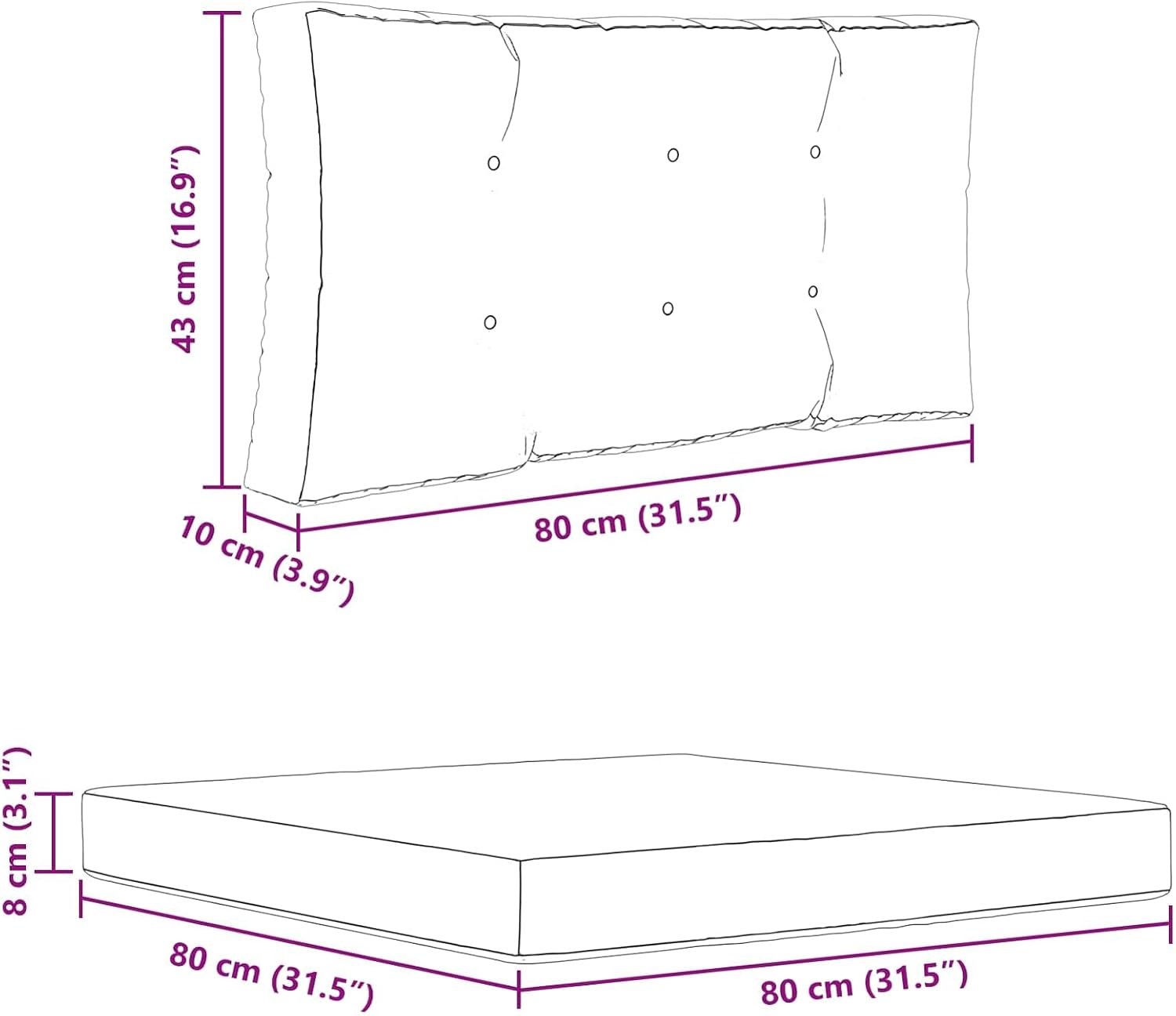 Set voor buiten, 2-delig, zwart, polyester, weerbestendig, 80 x 80 x 8 cm en 80 x 43 x 10 cm, voor terras en balkon