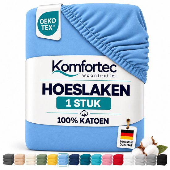 Lichtblauw 100% katoenen hoeslaken in verpakking met OEKO-TEX label en 14 andere beschikbare kleuren onderaan.