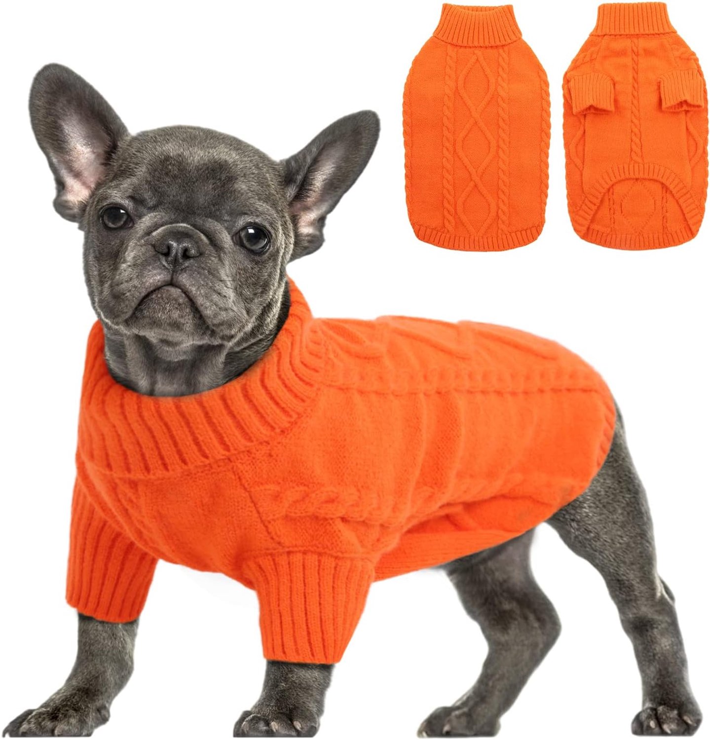 Hondentrui, trui voor koud weer, kabel, gebreide kleding, klassieke coltrui, dikke warme kleding voor chihuahua, bulldog, teckel, mopshond (oranje, X-Small)