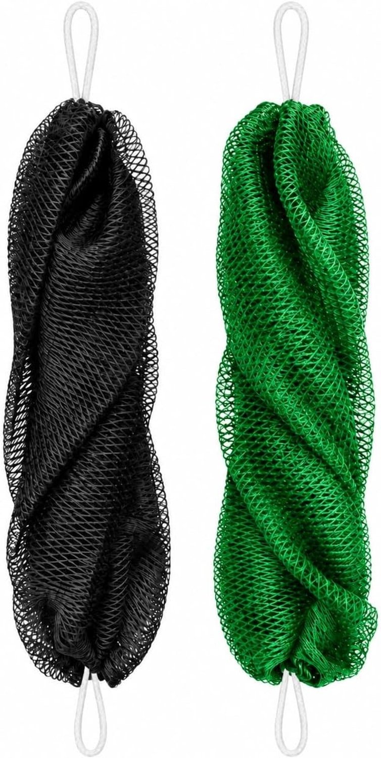 2 stuks Afrikaanse netspons voor effectieve peeling en lichaamsverzorging, douchespons, loofah-spons, badspons, ideaal voor spa en reizen, zwart en donkergroen, eenvoudig te reinigen en duurzaam