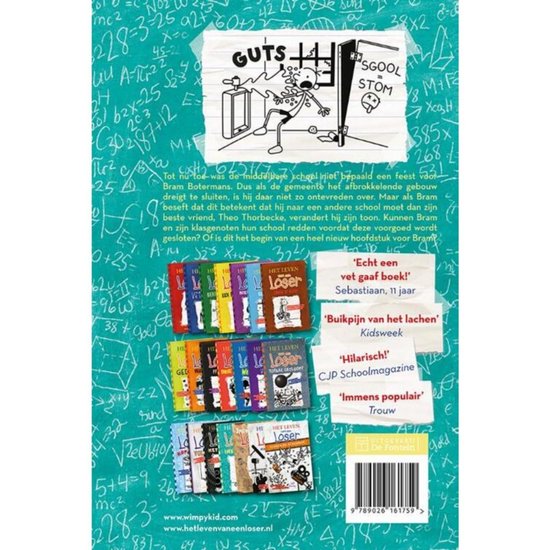 Achterzijde van het boek met een illustratie, samenvatting, verschillende boekomslagen en citaten.