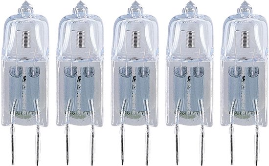 Set van vijf transparante Osram G4 12V 20W halogeenlampjes met insteekvoet en zichtbare gloeidraad.