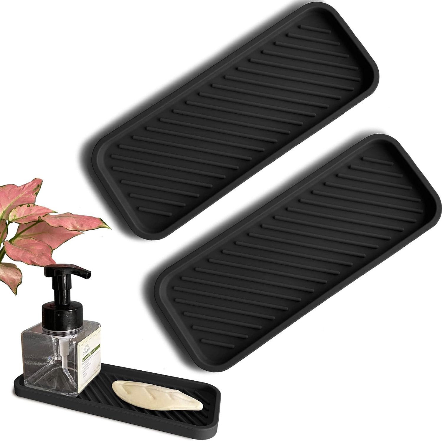 Zeepbakje, 2 stuks, cosmeticamat en onderzetter voor afdruiprek in de badkamer, mat voor kruidenpotjes in de keuken (zwart, S)