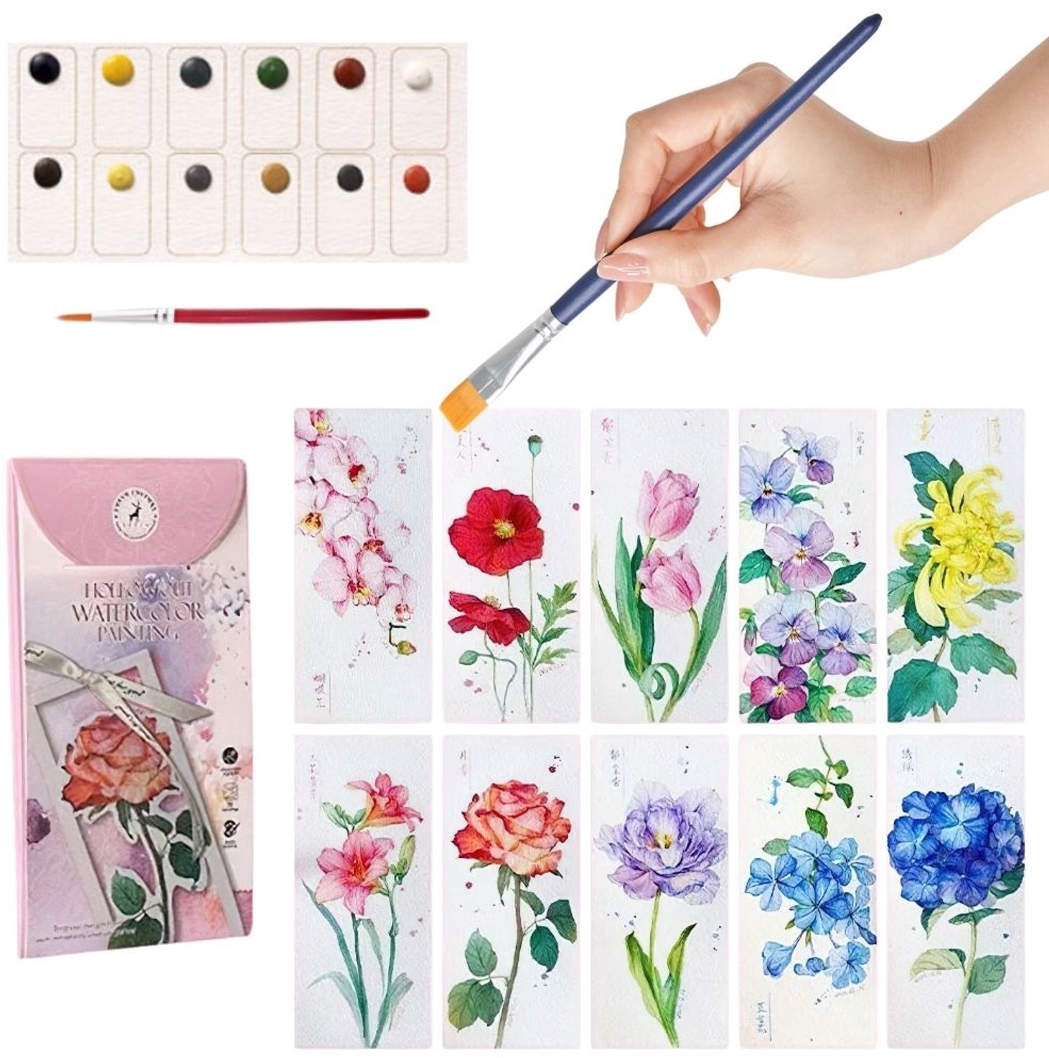 Ainy Aquarel verf set nummer 15 bloemen boekenlegger voor kinderen en volwassenen | Waterverf pakket met aquarelpapier & penseel | Knutselen | Schilderen op kleurboek | Creatief DIY hobby | Tekenen & kunst schetsboek | Schilderset werkboek