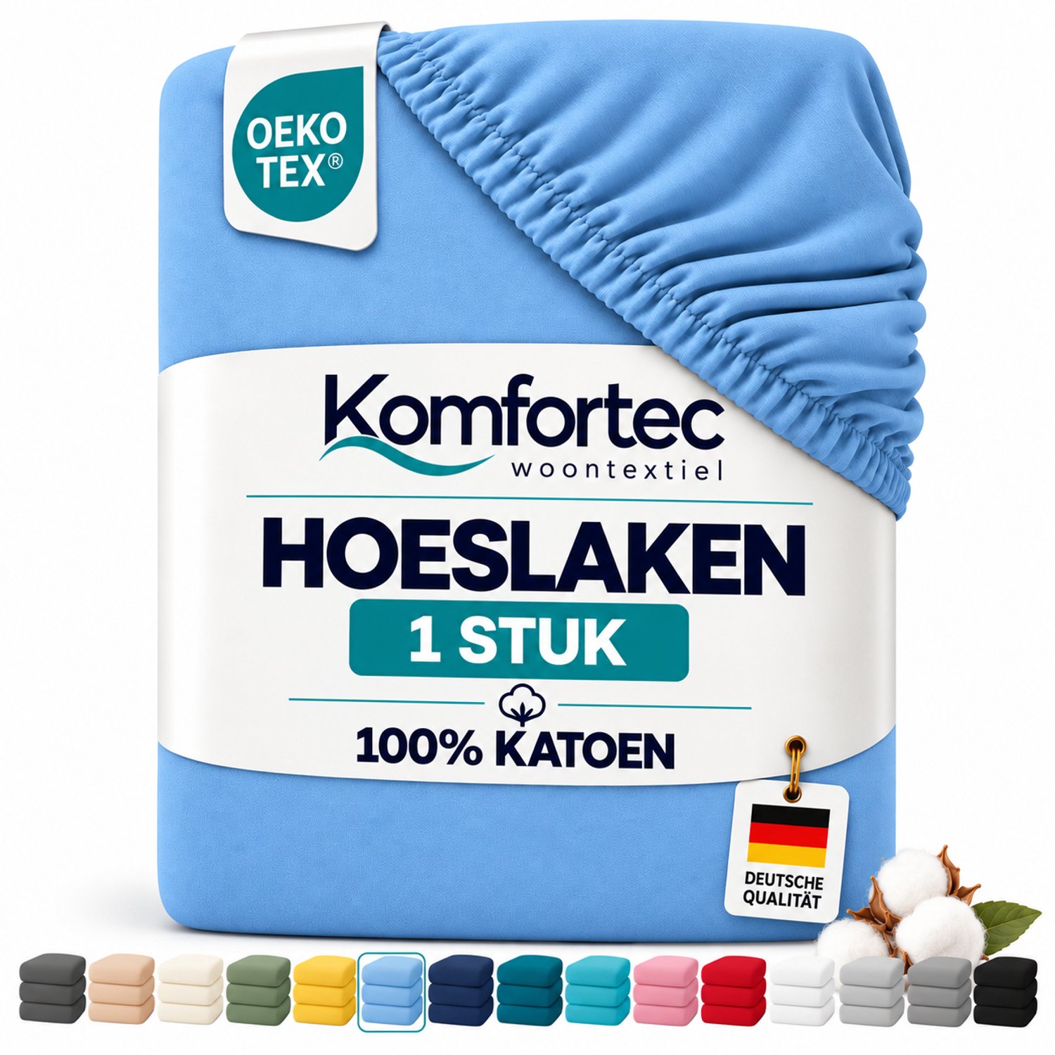 Komfortec Jersey Stretch Hoeslaken 180x200 cm - 23cm Matrasdikte- Rondom Elastiek - 100% Katoen - Lichtblauw