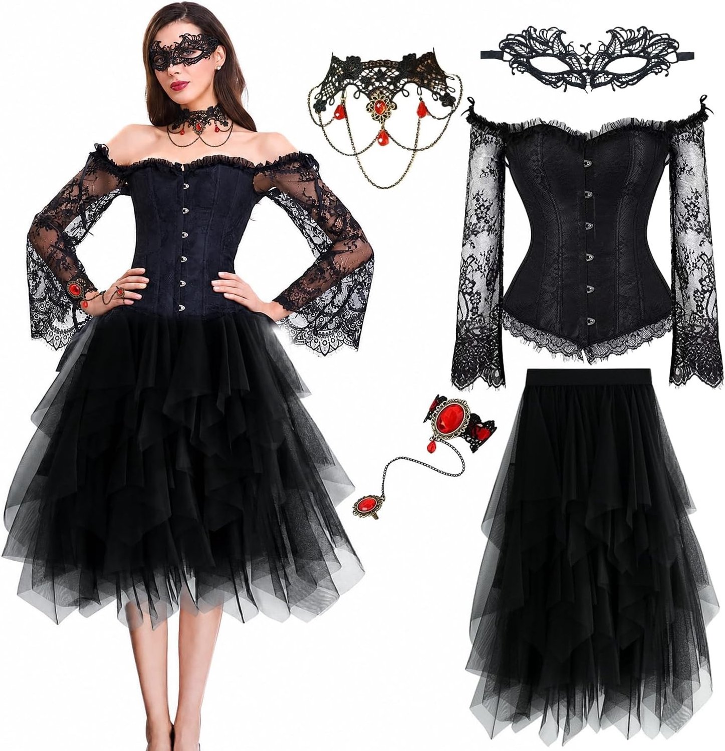 Vrouwelijk Gothic Vintage Korset Top Piraten Kostuum met Schoudermouwen, Zwarte Tulle Rok en Gothic Sieraden voor Carnaval en Cosplay
