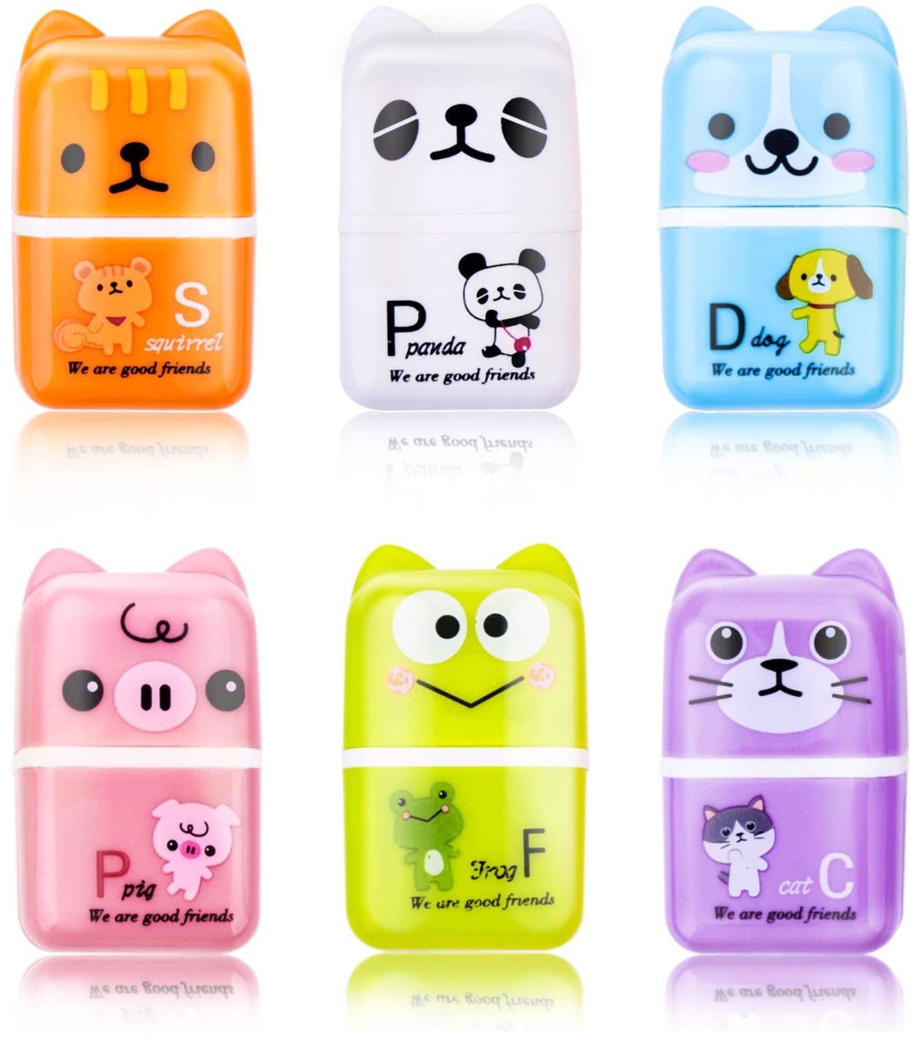 Set van 6 Schattige Cartoon Gum voor Kinderen met Slijper